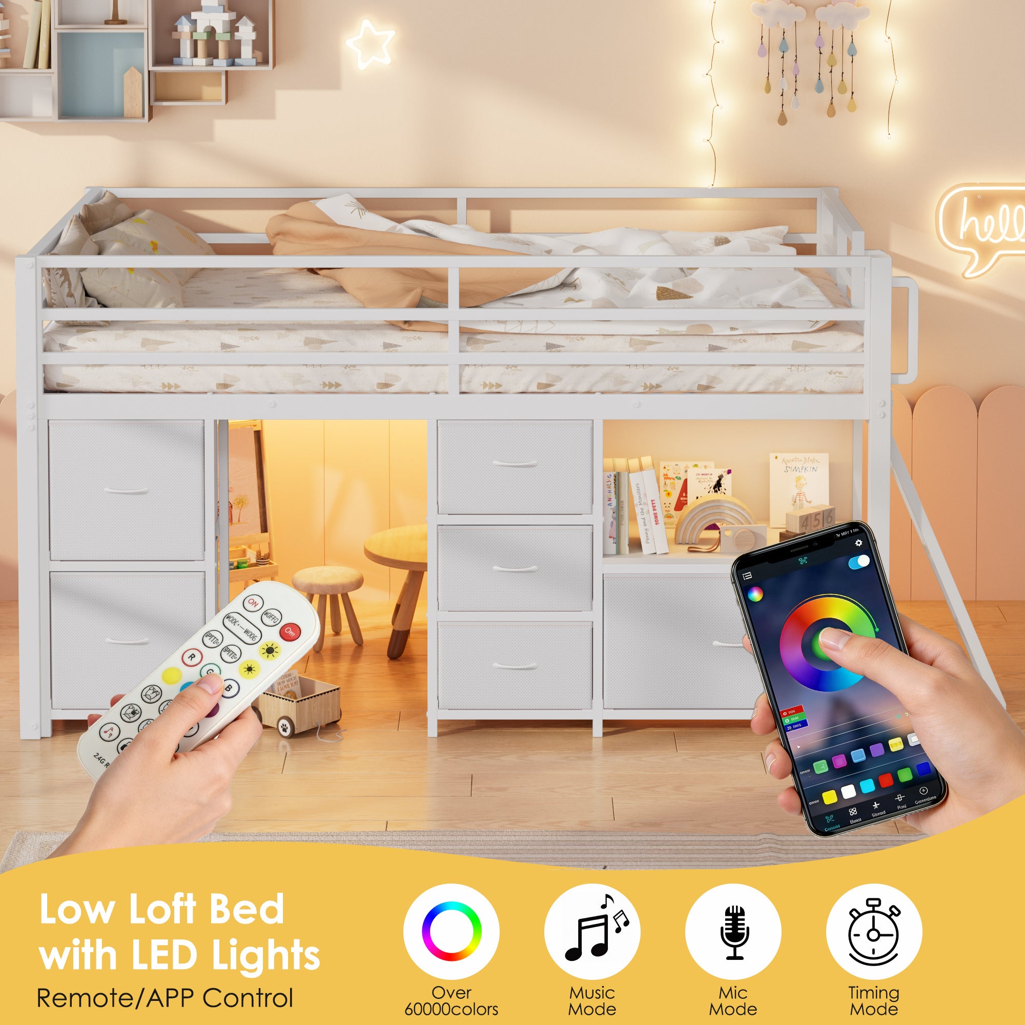 Kdymod Full Loft Bed with 6 Storage Drawers & Shelf, Loft Bed with LED Lights & Play Curtain, Metal Loft Bed Frame with Ladder & Safety Guardrail, White