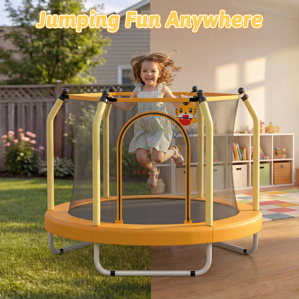 Mersco 55inch Kids Trampoline for Toddlers,Indoor and Outdor Trampoline with Safety Net, Mini Small Children Trampolines with Basketball Hoop,Toddler Trampoline Birthday Gifts for Boys Girls, Orange