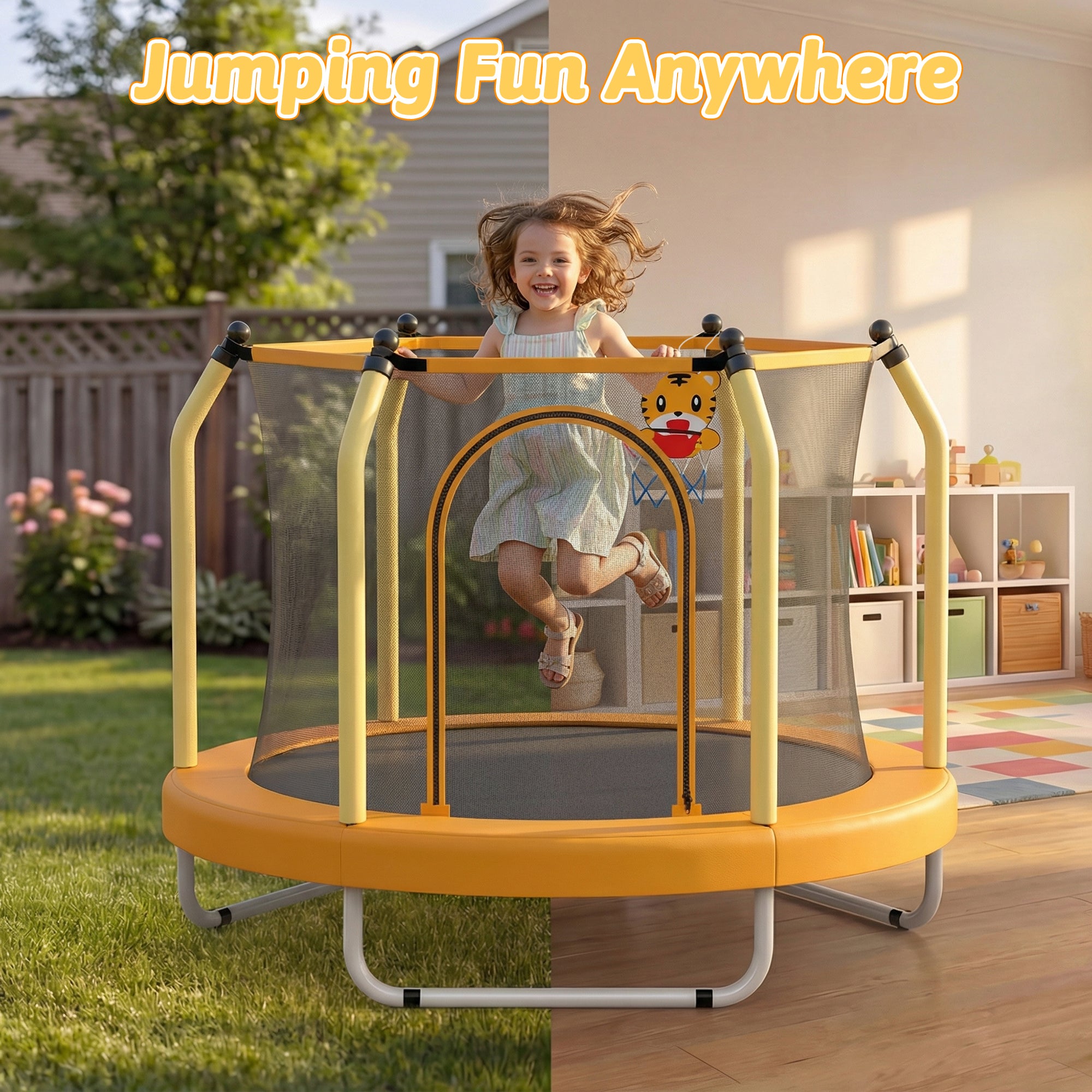 Mersco 55inch Kids Trampoline for Toddlers,Indoor and Outdor Trampoline with Safety Net, Mini Small Children Trampolines with Basketball Hoop,Toddler Trampoline Birthday Gifts for Boys Girls, Orange