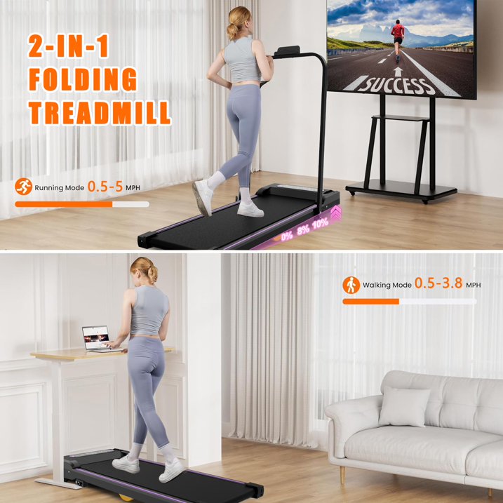 Kdymod 2 in 1 Foldable Treadmill with LED Display & Remote,Walking Treadmill Jogging Machine with Handle Bar & Incline,Under Desk Walking Pad for Home Office,Black