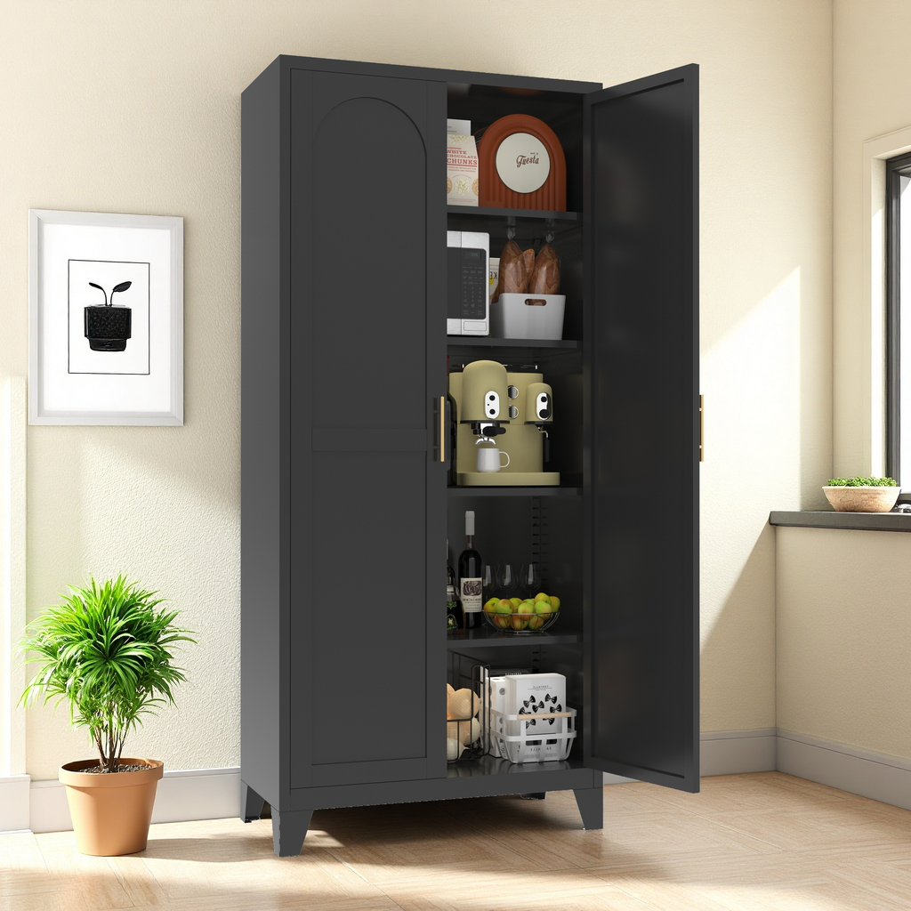 Uiowio 71" Height Metal Storage Cabinet, Modern Tall Steel Pantry Cupboard with 2 Shapely Doors and Adjustable Shelves for Kitchen Garage and Home,Black