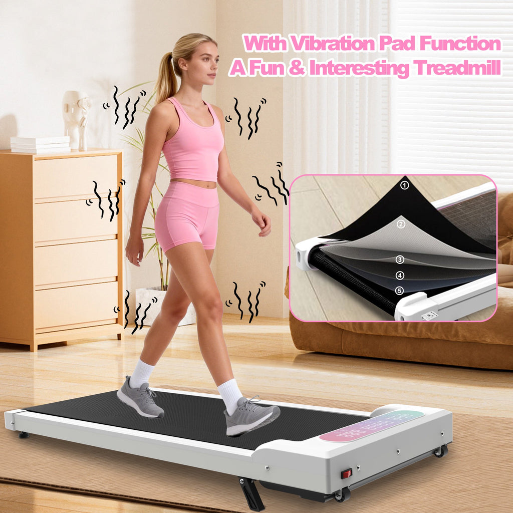 Kdymod Foldable Treadmill with Vibration Function,2 in 1 Walking Treadmill with Handle Bar & Incline,Under Desk Walking Pad with LED Display & Remote,300 Lbs Capacity,White