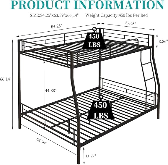 Uiowio Full Over Queen Heavy Duty Metal Bunk Bed with Built-in Ladder & Safety Guardrail, Space-Saving Bunk Beds Frame with Storage for Bedroom & Dorm Room, Black