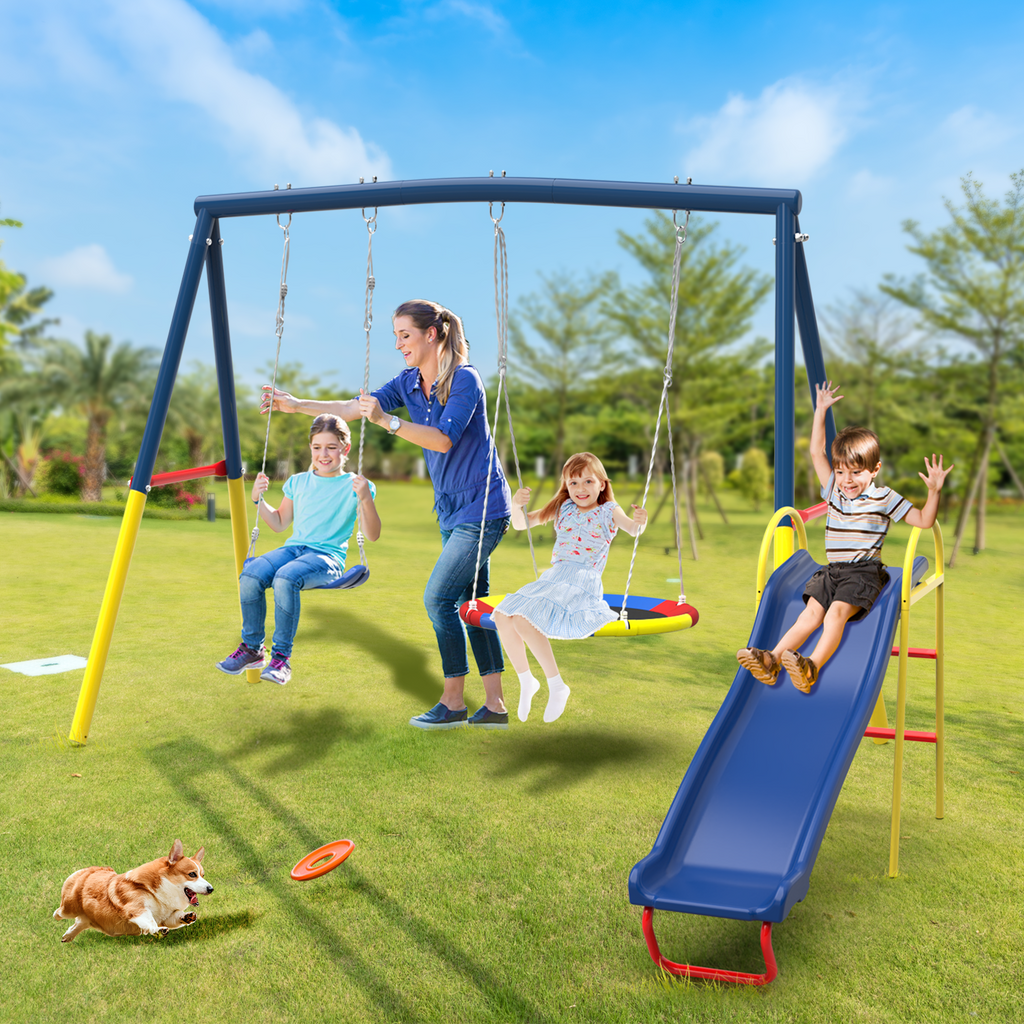 Mersco 3-in-1 Swing Set for Backyard with Slide, Swing Heavy Duty 440lbs Metal Outdoor Swing Stand, Contain 1 Saucer 32" and 1 Belt Seat 26.2" ,Slide for Playground, Backyard Playset
