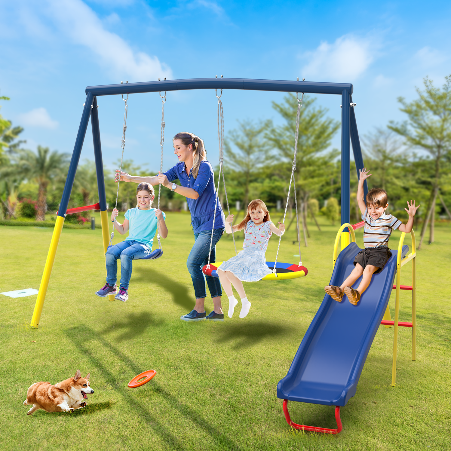 Mersco 3-in-1 Swing Set for Backyard with Slide, Swing Heavy Duty 440lbs Metal Outdoor Swing Stand, Contain 1 Saucer 32" and 1 Belt Seat 26.2" ,Slide for Playground, Backyard Playset