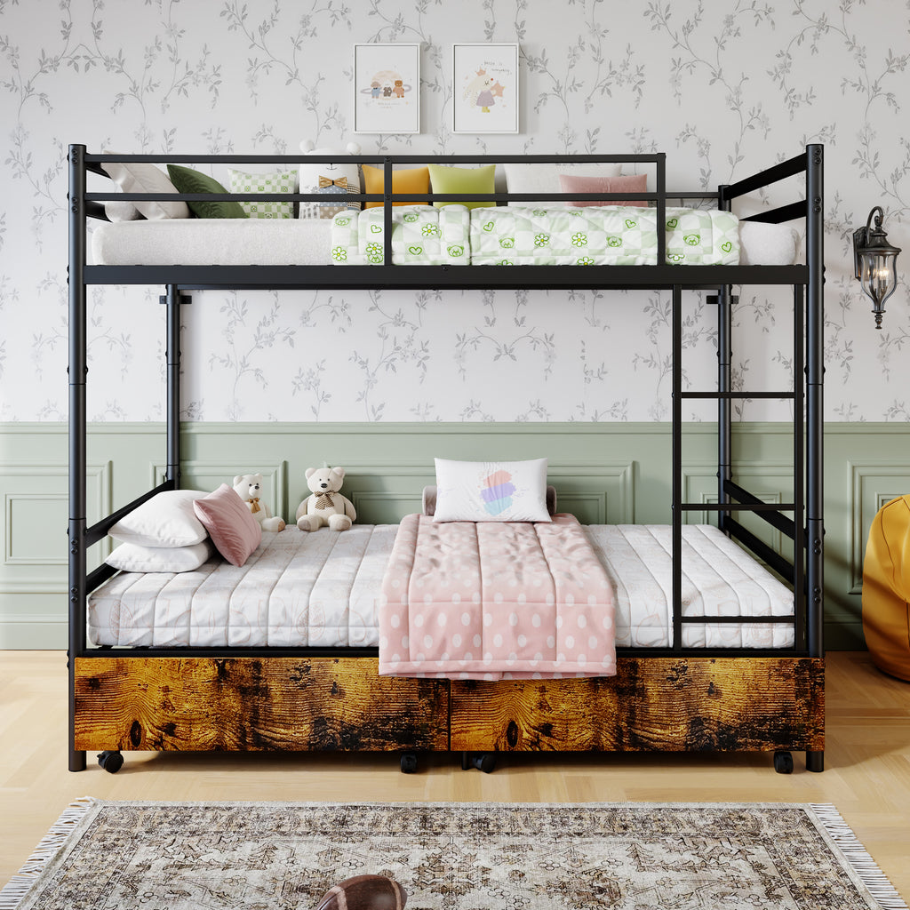 Kdymod Twin over Twin Metal Bunk Bed with Storage Drawers, Heavy Duty Bed Frame Converts to 2 Separate Beds with Safety Guardrail & Entrance & Built-in Ladder, Black