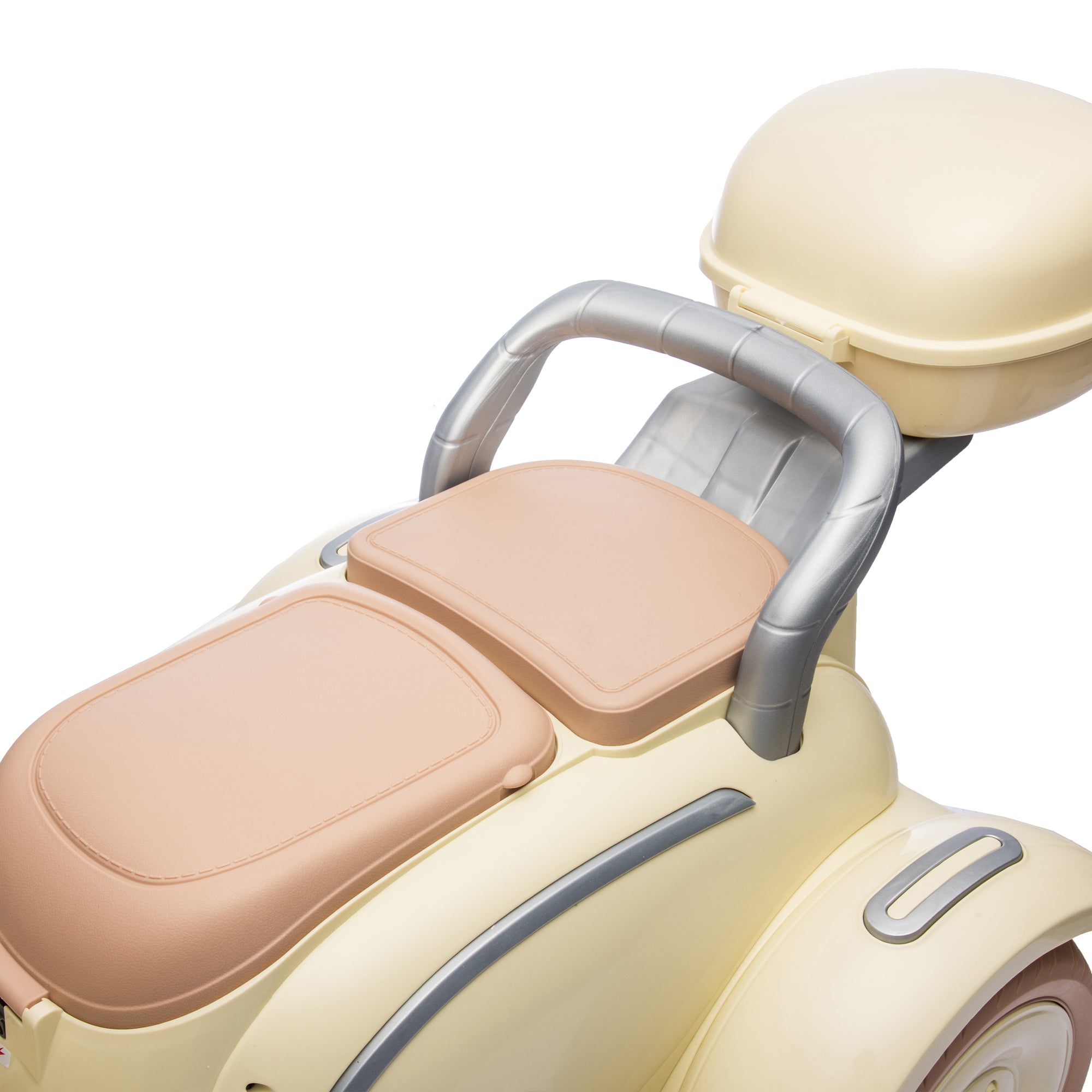 Cirui 2 Seater 12V Kids Motorcycle,3 Wheel Ride Dual Motorcycle,Toy 12V Electric Motorcycle with Front LED Light/USB/Storage Box,Beige