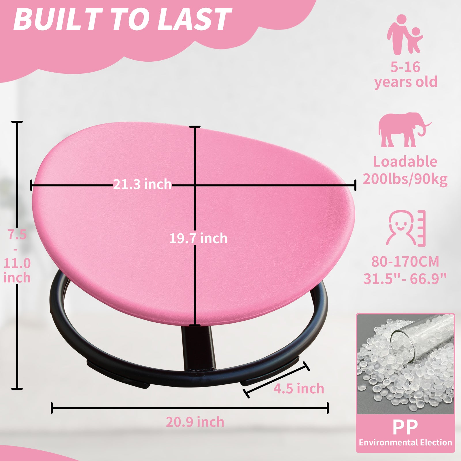 Cirui Sensory Spinning Chair, 360° Swivel Seat for Kids, Balance Training with Non-Slip Metal Base, Pink
