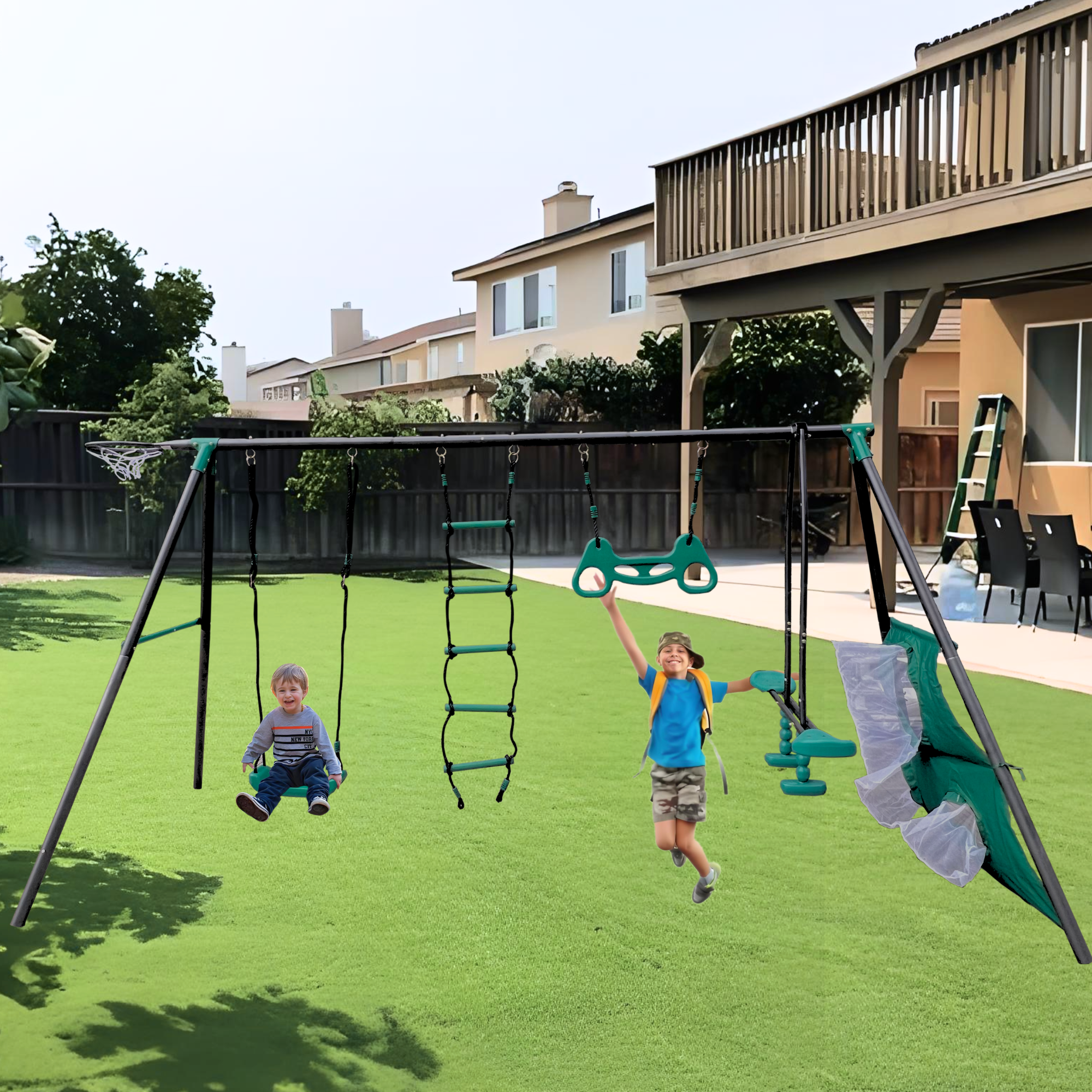Mersco 6 in 1 Kids Metal Swing Seat for Backyard, Heavy-Duty Outdoor Playsets for Playground ,Outside Toys with Teeter-Totter,Climbing Net,Trapeze Bar,basketball hoop, soccer net for Aged 3+