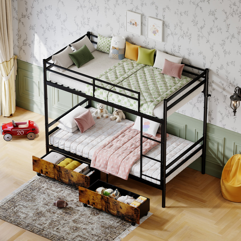 Kdymod Twin over Twin Metal Bunk Bed with Storage Drawers, Heavy Duty Bed Frame Converts to 2 Separate Beds with Safety Guardrail & Entrance & Built-in Ladder, Black