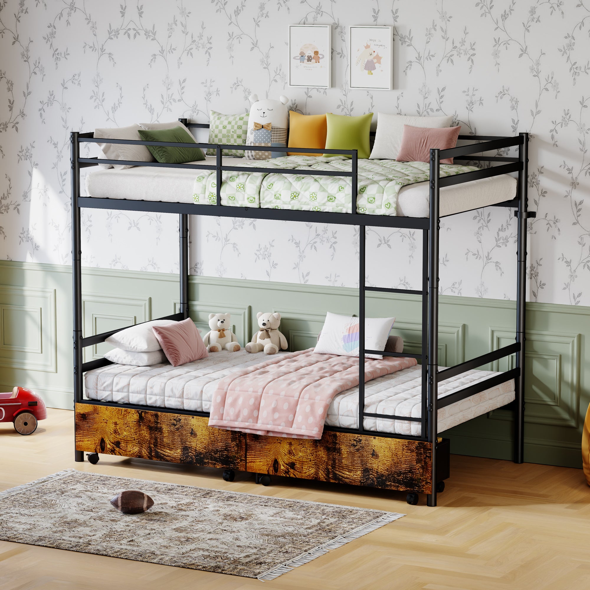 Kdymod Twin over Twin Metal Bunk Bed with Storage Drawers, Heavy Duty Bed Frame Converts to 2 Separate Beds with Safety Guardrail & Entrance & Built-in Ladder, Black