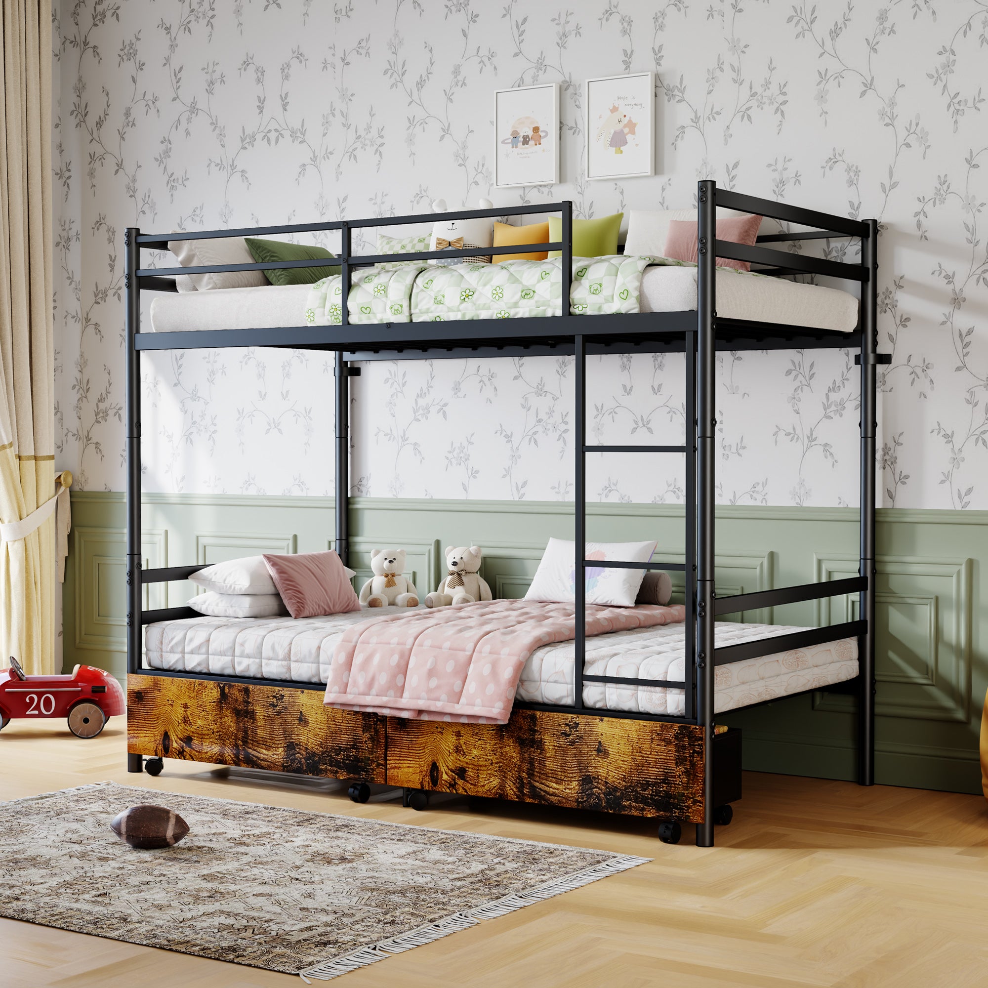 Kdymod Twin over Twin Metal Bunk Bed with Storage Drawers, Heavy Duty Bed Frame Converts to 2 Separate Beds with Safety Guardrail & Entrance & Built-in Ladder, Black