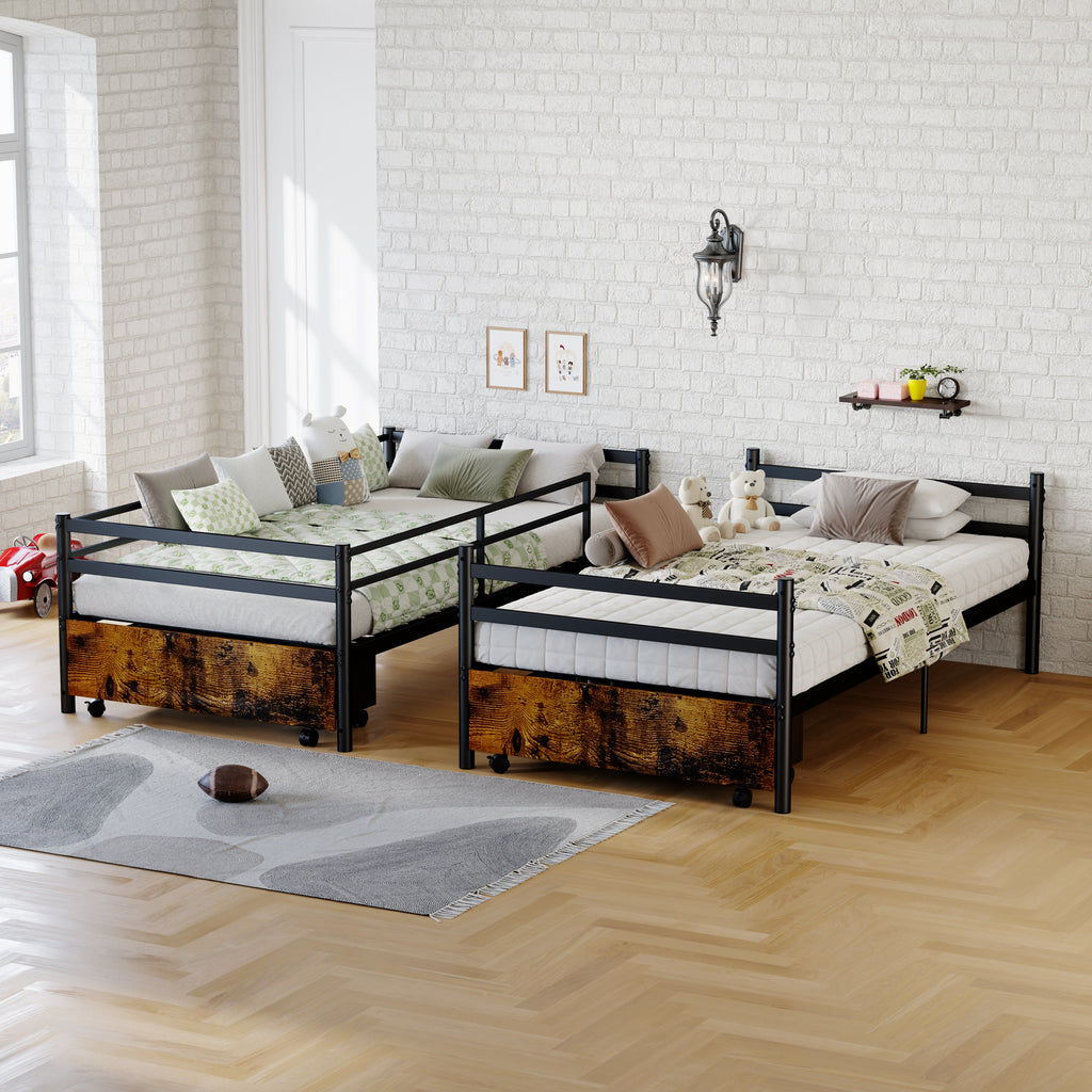 Kdymod Twin over Twin Metal Bunk Bed with Storage Drawers, Heavy Duty Bed Frame Converts to 2 Separate Beds with Safety Guardrail & Entrance & Built-in Ladder, Black