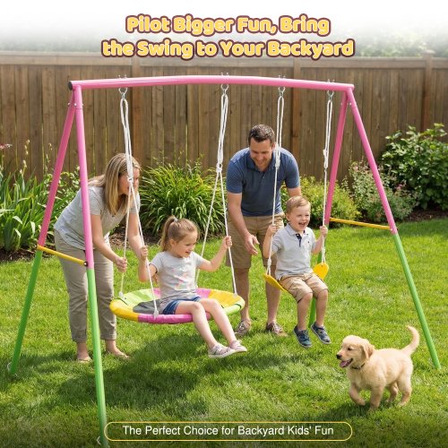 Kdymod Heavy Duty 440lbs Double Swing Set with Stand, Metal A-Frame Swing Set for Backyard, Includes 32" Saucer Disc & 26.2" Belt Seat, Outdoor Playset for Playground