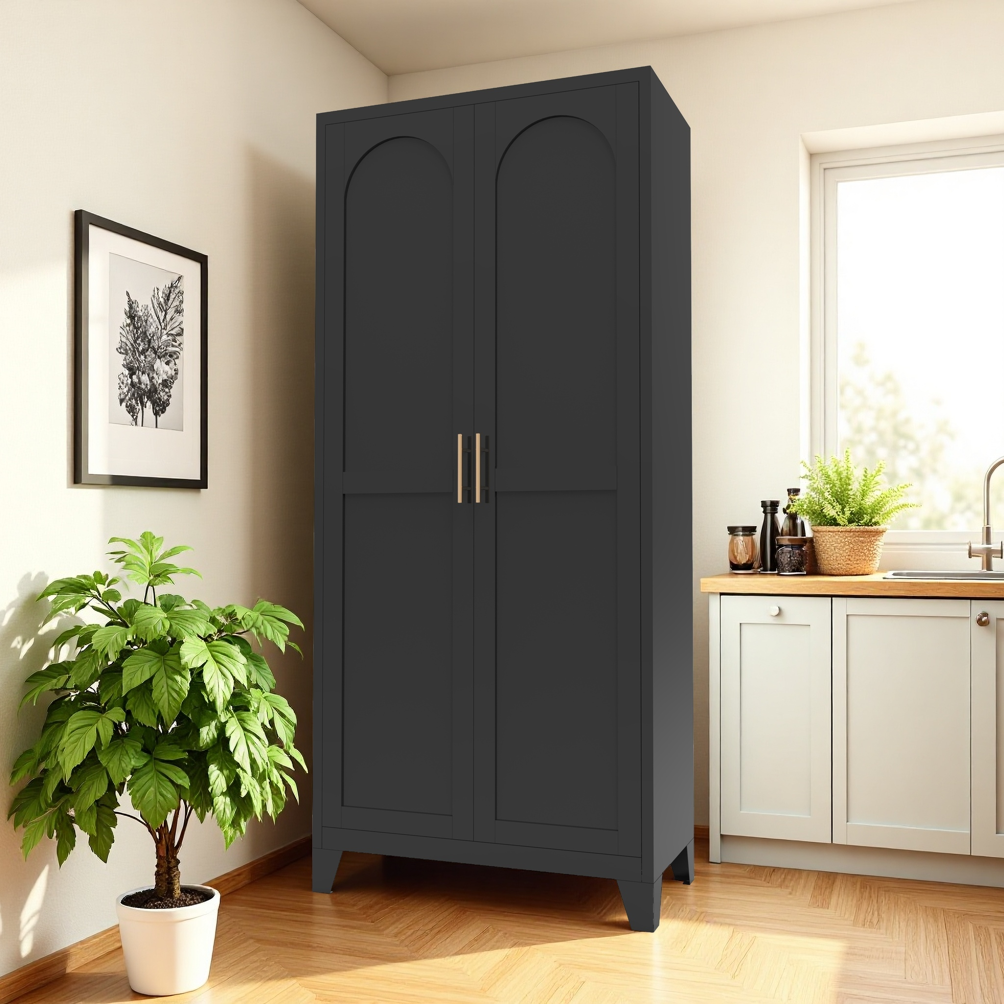 Uiowio 71" Height Metal Storage Cabinet, Modern Tall Steel Pantry Cupboard with 2 Shapely Doors and Adjustable Shelves for Kitchen Garage and Home,Black