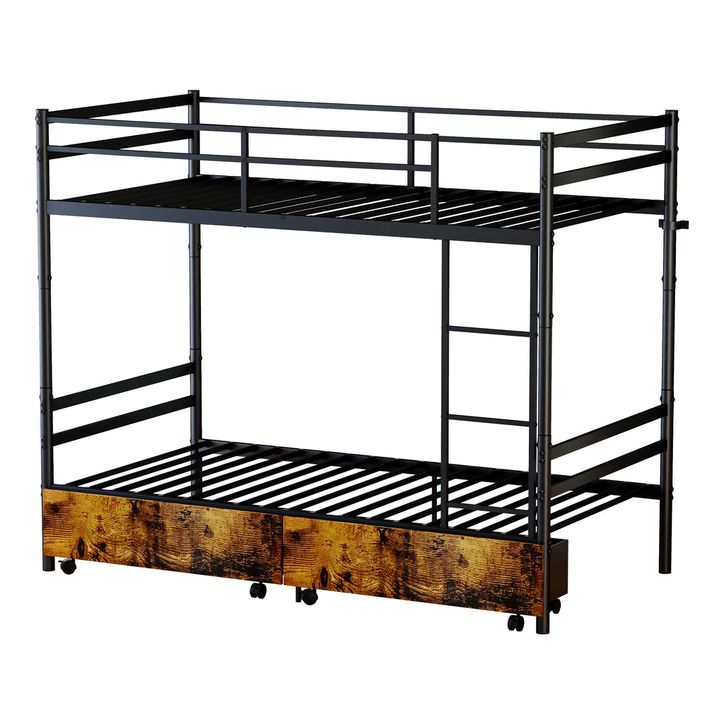 Kdymod Twin over Twin Metal Bunk Bed with Storage Drawers, Heavy Duty Bed Frame Converts to 2 Separate Beds with Safety Guardrail & Entrance & Built-in Ladder, Black