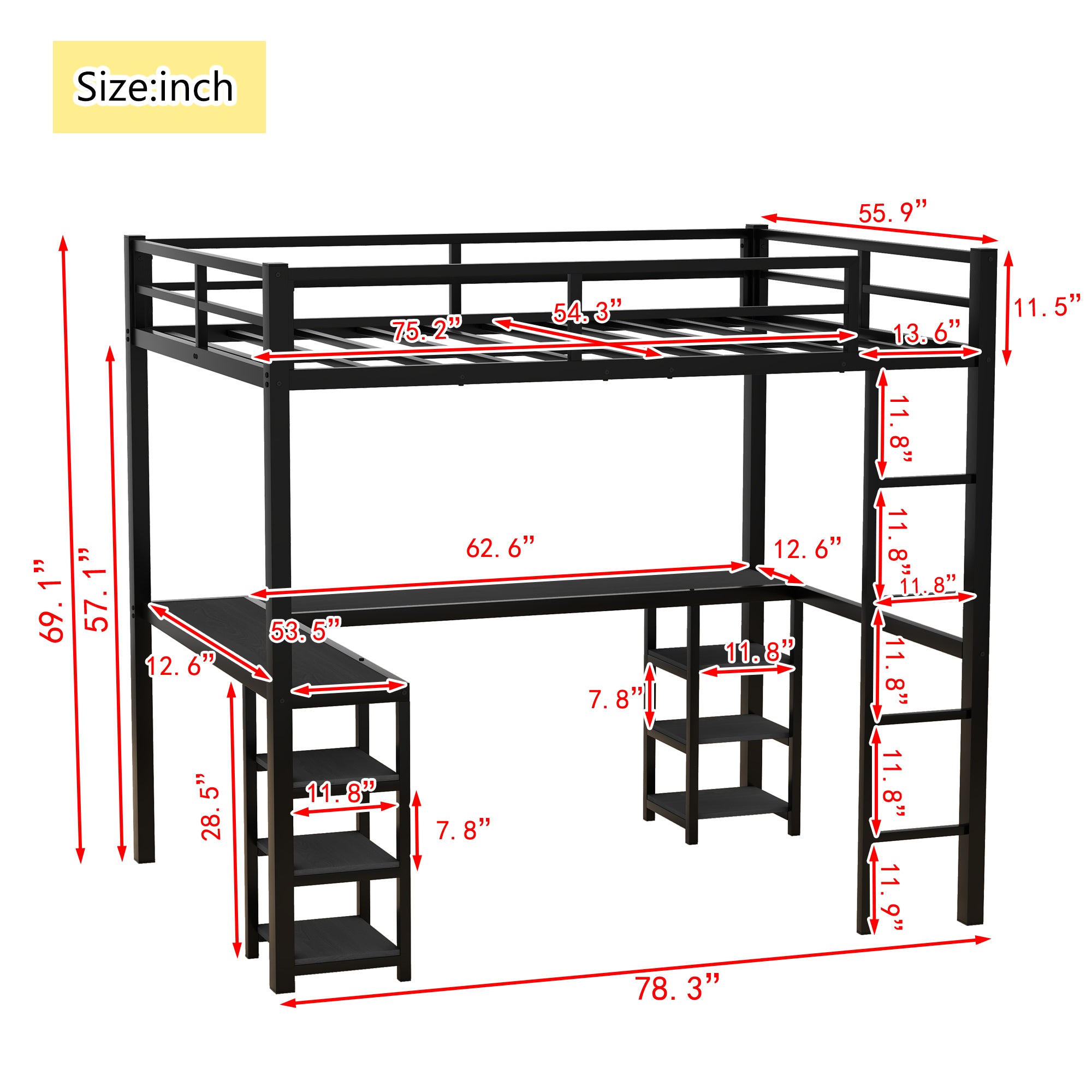 Uiowio Full Metal Loft Bed with L-Shaped Desk Underneath & 6 Shelves & Storage, Space-Saving Bed Frame with Built-in Ladder & Safety Guardrail, for Teens