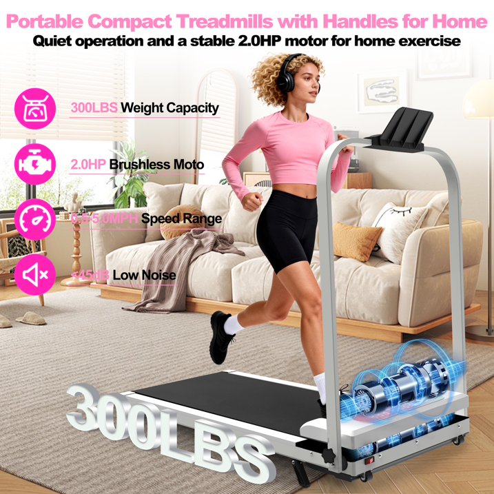 Kdymod Foldable Treadmill with Vibration Function,2 in 1 Walking Treadmill with Handle Bar & Incline,Under Desk Walking Pad with LED Display & Remote,300 Lbs Capacity,White