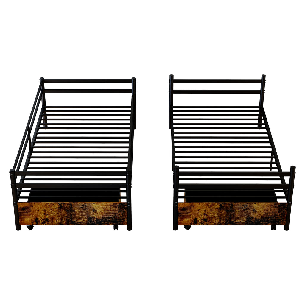 Kdymod Twin over Twin Metal Bunk Bed with Storage Drawers, Heavy Duty Bed Frame Converts to 2 Separate Beds with Safety Guardrail & Entrance & Built-in Ladder, Black