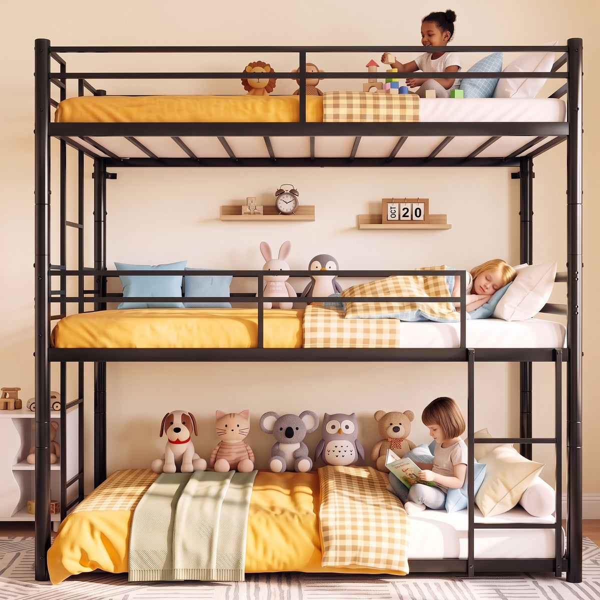 Kdymod Triple Bunk Bed Twin over Twin over Twin with 2 Ladders & Guardrails, Includes 3 Twin 6" Memory Foam Mattresses, Heavy Duty Detachable Metal Bed Frame, Converts to 3 Separate Beds