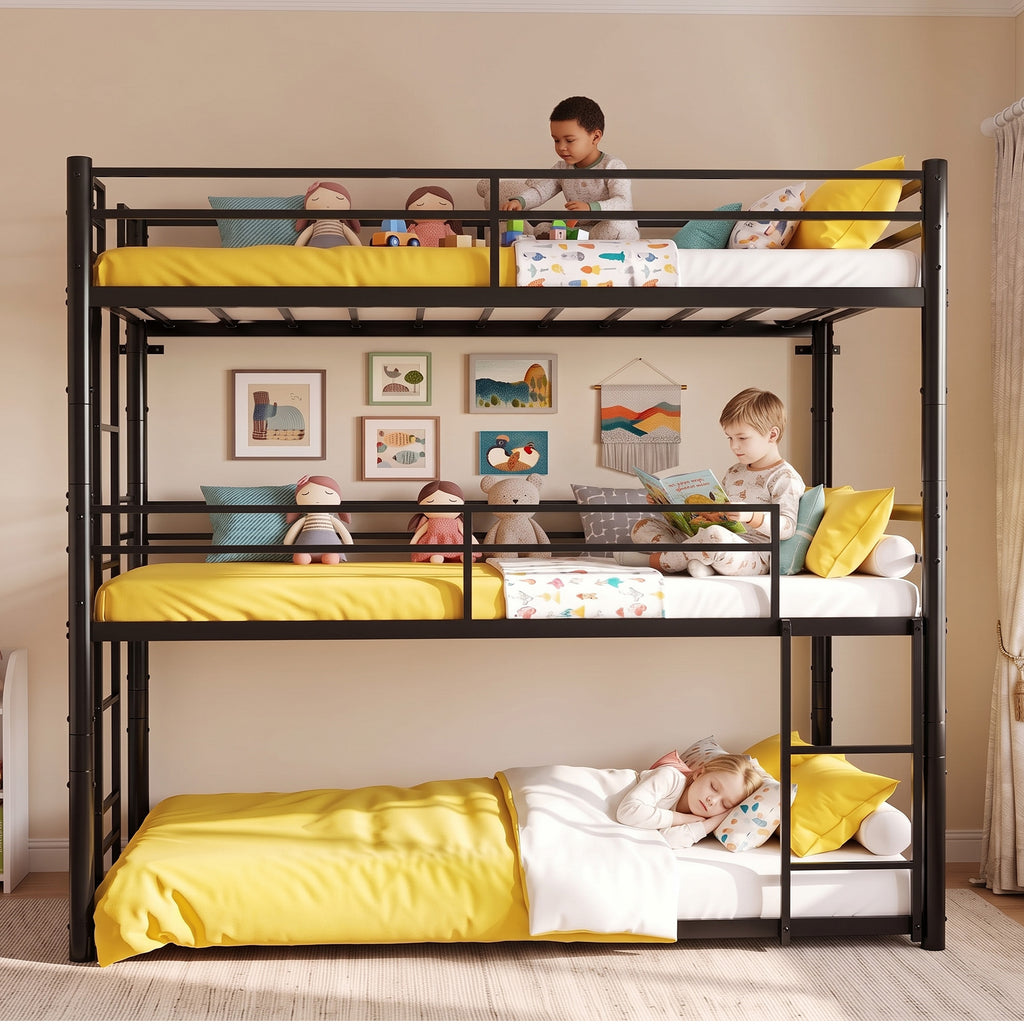 Kdymod Triple Bunk Bed Twin over Twin over Twin with Full-Length Guardrails & Reversible Ladder, Includes 3 Twin 6" Memory Foam Mattresses, Heavy-Duty Metal Bunk Bed Frame with Convertible Design