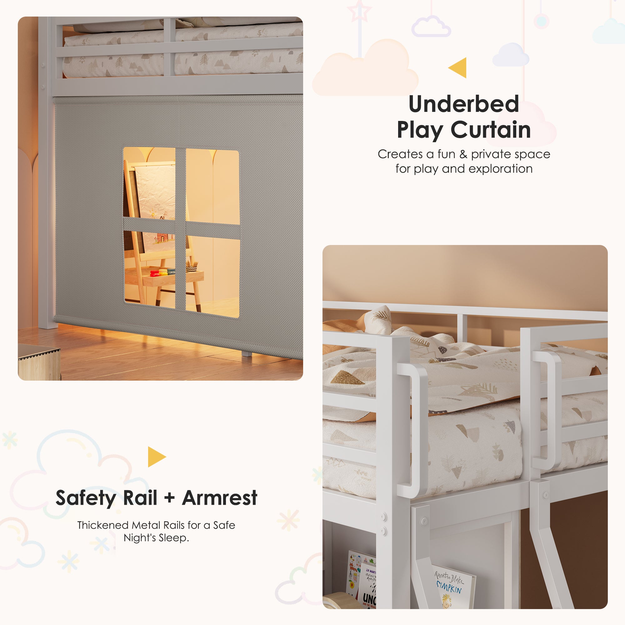 Kdymod Full Loft Bed with 6 Storage Drawers & Shelf, Loft Bed with LED Lights & Play Curtain, Metal Loft Bed Frame with Ladder & Safety Guardrail, White