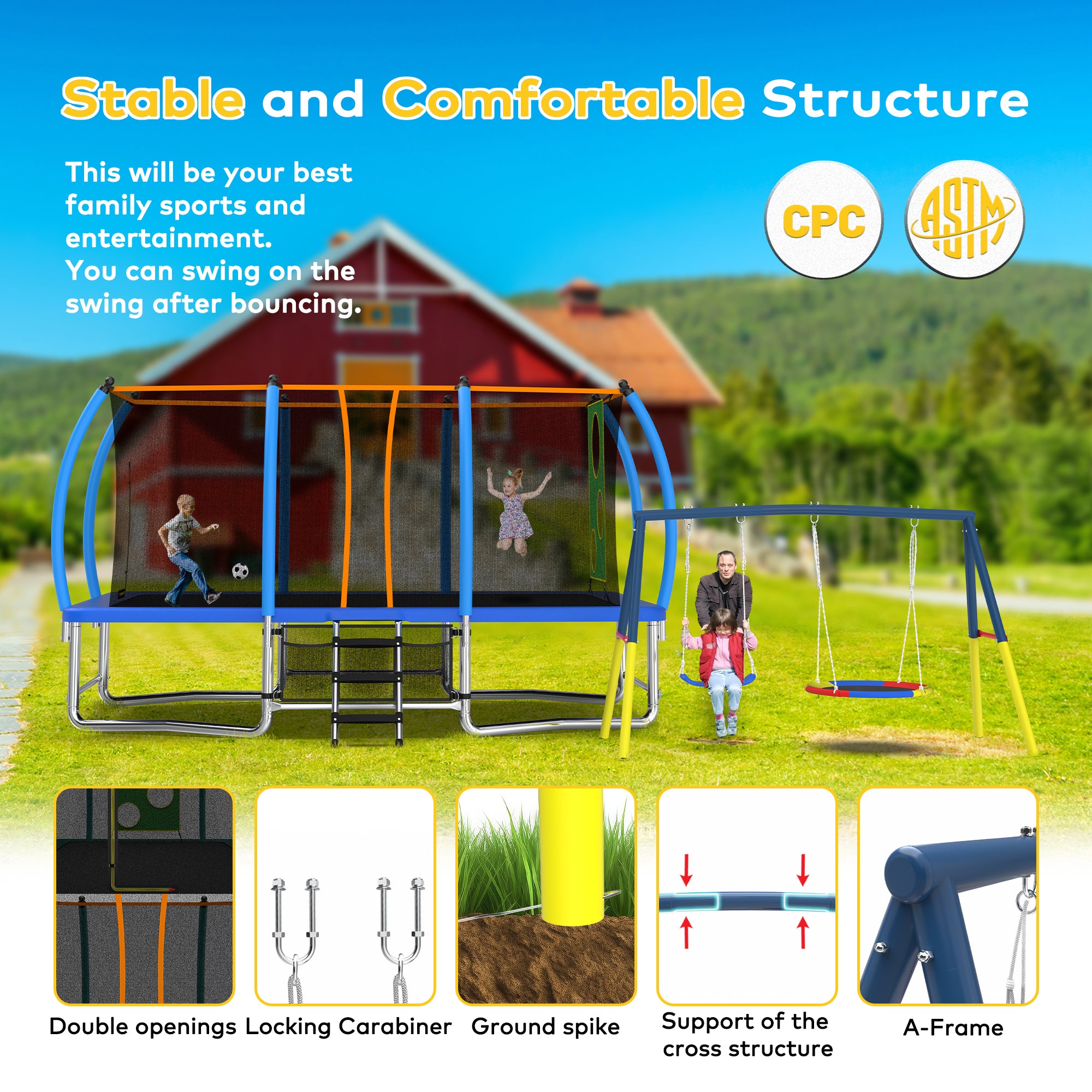 Mersco 10x16FT 4-in-1 Trampoline with Swing Set , Enclosure Net, Recreational Trampoline, Outdoor Kids and Adults Trampoline for Backyard, Beach, Birthday Gifts ,Blue