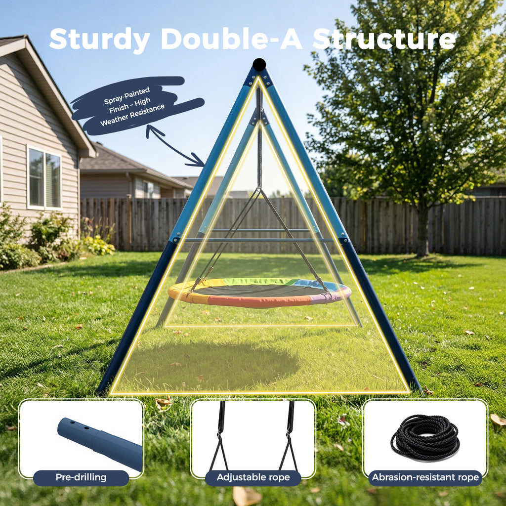 Kdymod 48" Saucer Swing Set, 900D Oxford Disc Seat, Heavy‑Duty Double A‑Frame Metal Swing Set for Backyard, Outdoor Playground for Kids 3‑10, Blue