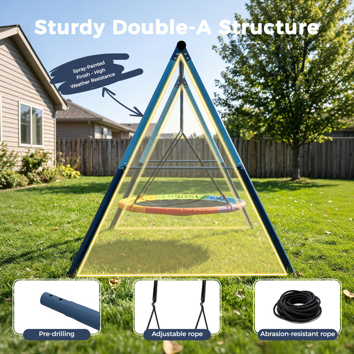 Kdymod 48" Saucer Swing Set, 900D Oxford Disc Seat, Heavy‑Duty Double A‑Frame Metal Swing Set for Backyard, Outdoor Playground for Kids 3‑10, Blue