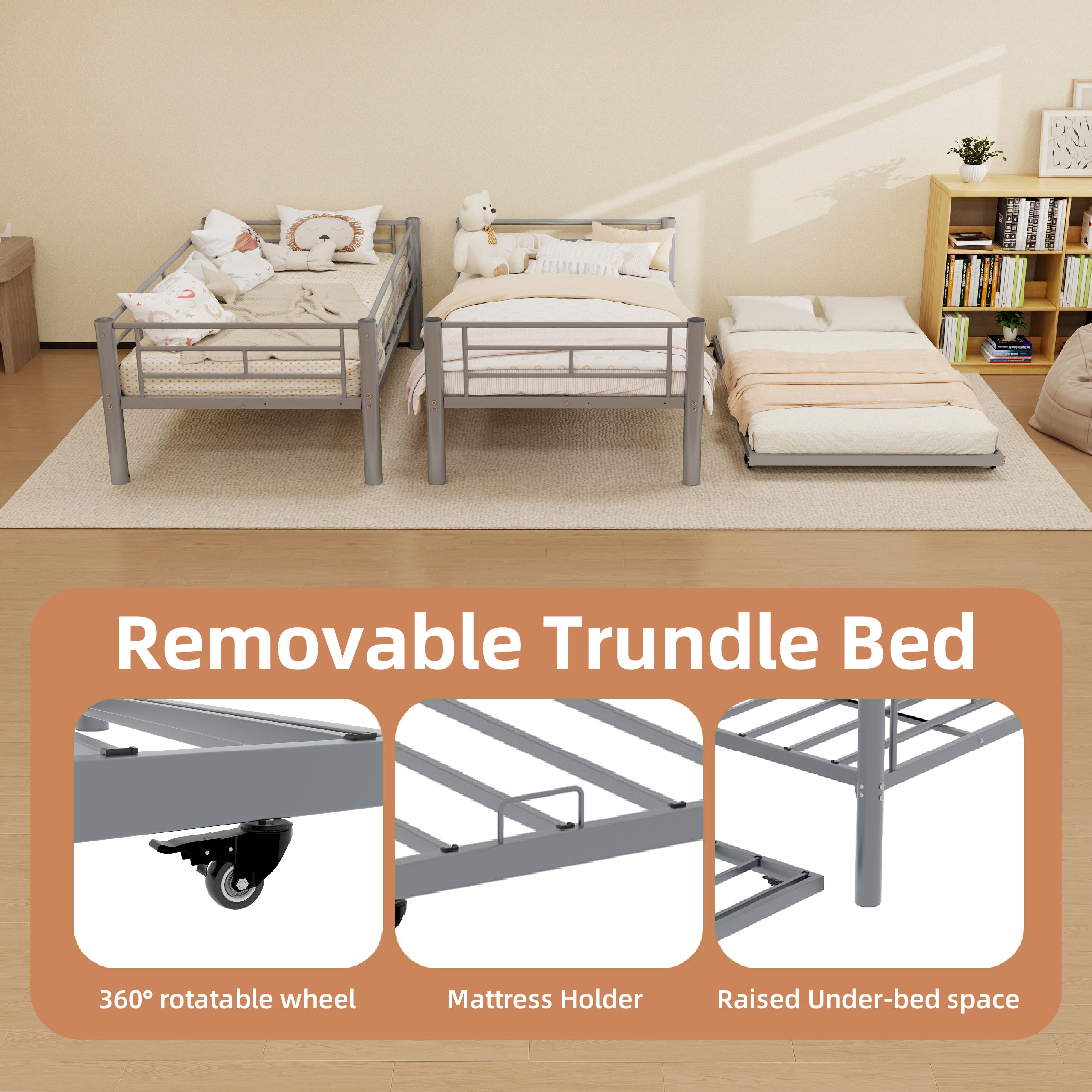 Kdymod Triple Bunk Bed Twin over Twin with Trundle, Convertible Metal Bunk Bed Frame with Ladder & Safety Guardrail, Space-Saving for Teens and Adults, Bedroom Dorm, Silver