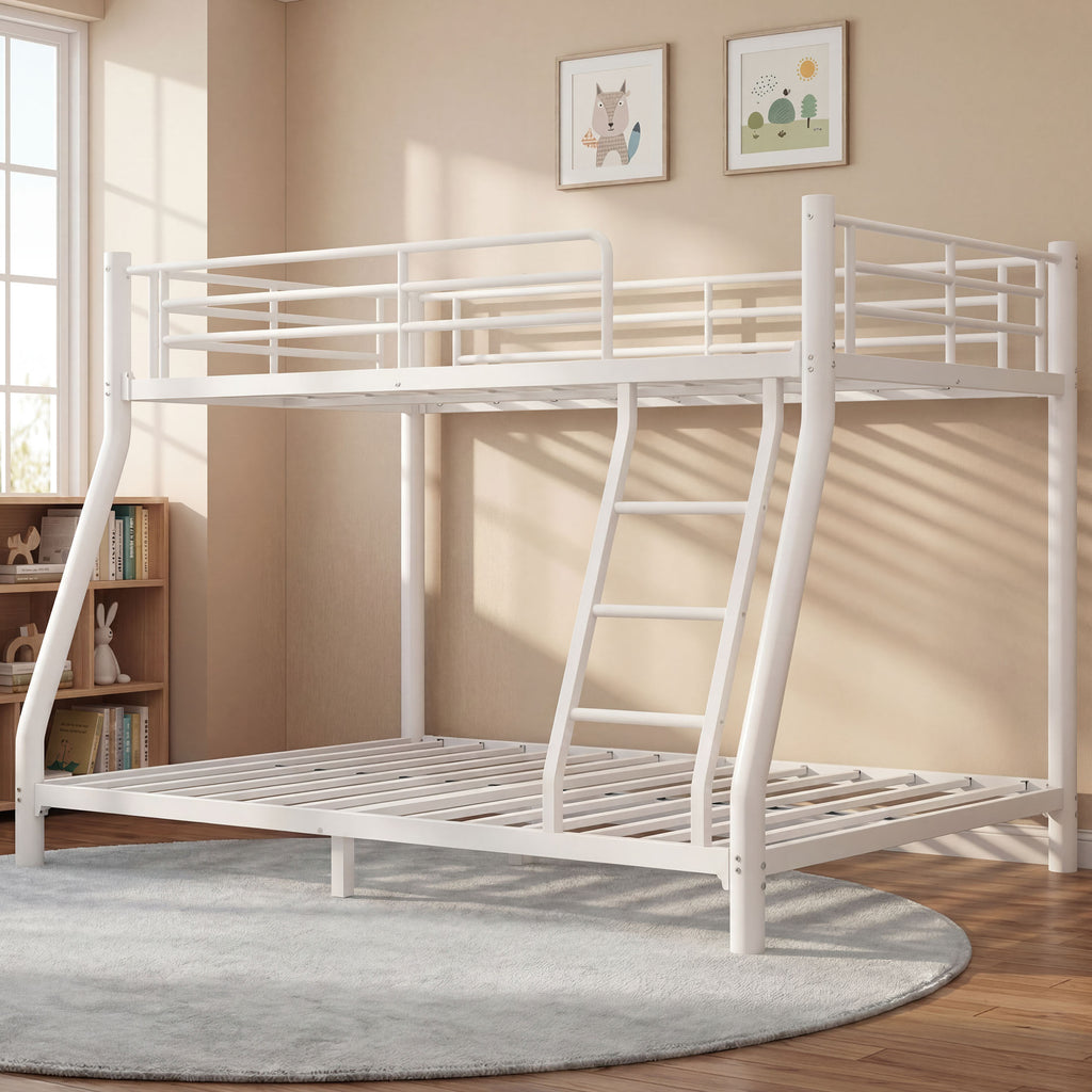 Kdymod Twin over Full Metal Low Bunk Bed with Stairs & Safety Guardrail, Includes 2 6" Memory Foam Mattresses, Space-Saving Heavy Duty Bed Frame for Adults & Teens, White