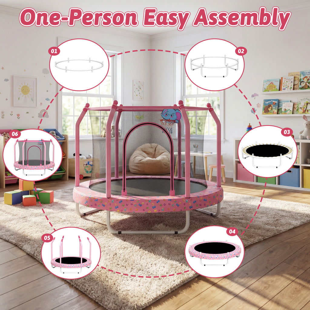 Mersco 55inch Toddler Trampoline, Mini Trampoline for Kids with Enclosure and Basketball Hoop,Indoor Outdoor Kids Trampoline Birthday Gifts, Pink