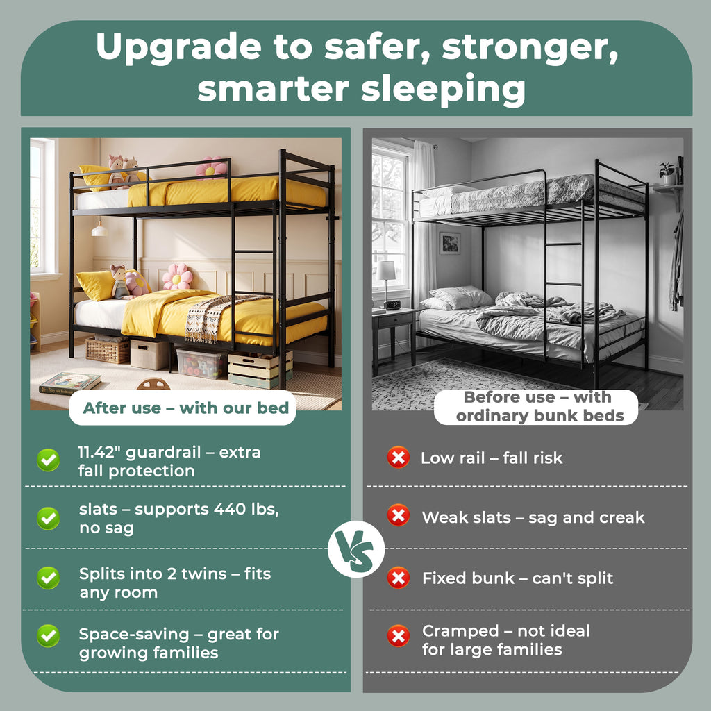 Kdymod Twin over Twin Metal Bunk Bed with Convertible 2-in-1 Design, Metal Bunk Bed Frame with Ladder & Safety Guardrail, Space-Saving for Teens and Adults, Black