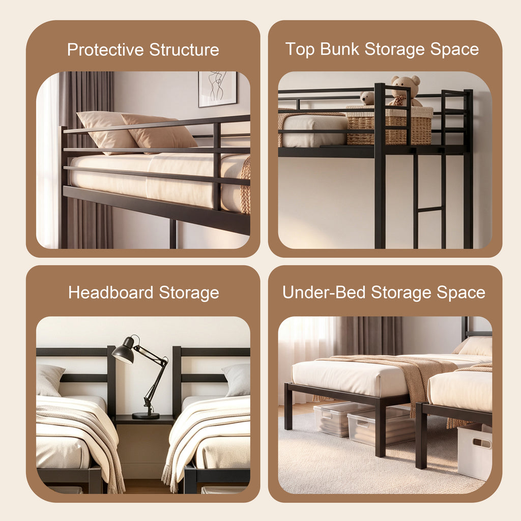Netrum Triple Bunk Bed for Teens Adults,Heavy Duty Metal Bunk Beds Frame, with Ladder & Storage, Safe Guardrail, Twin over Twin over Twin Bunk Bed, No Box Spring Needed