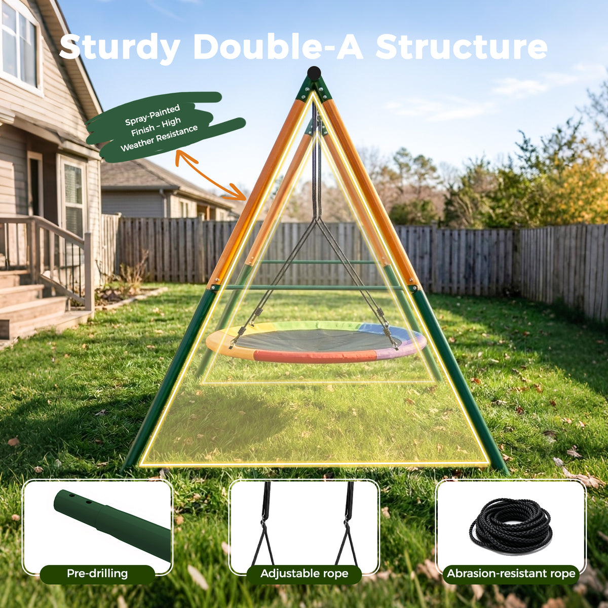 Kdymod 48" Saucer Swing Set, 900D Oxford Disc Seat, Heavy‑Duty Double A‑Frame Metal Swing Set for Backyard, Outdoor Playground for Kids 3‑10, Green