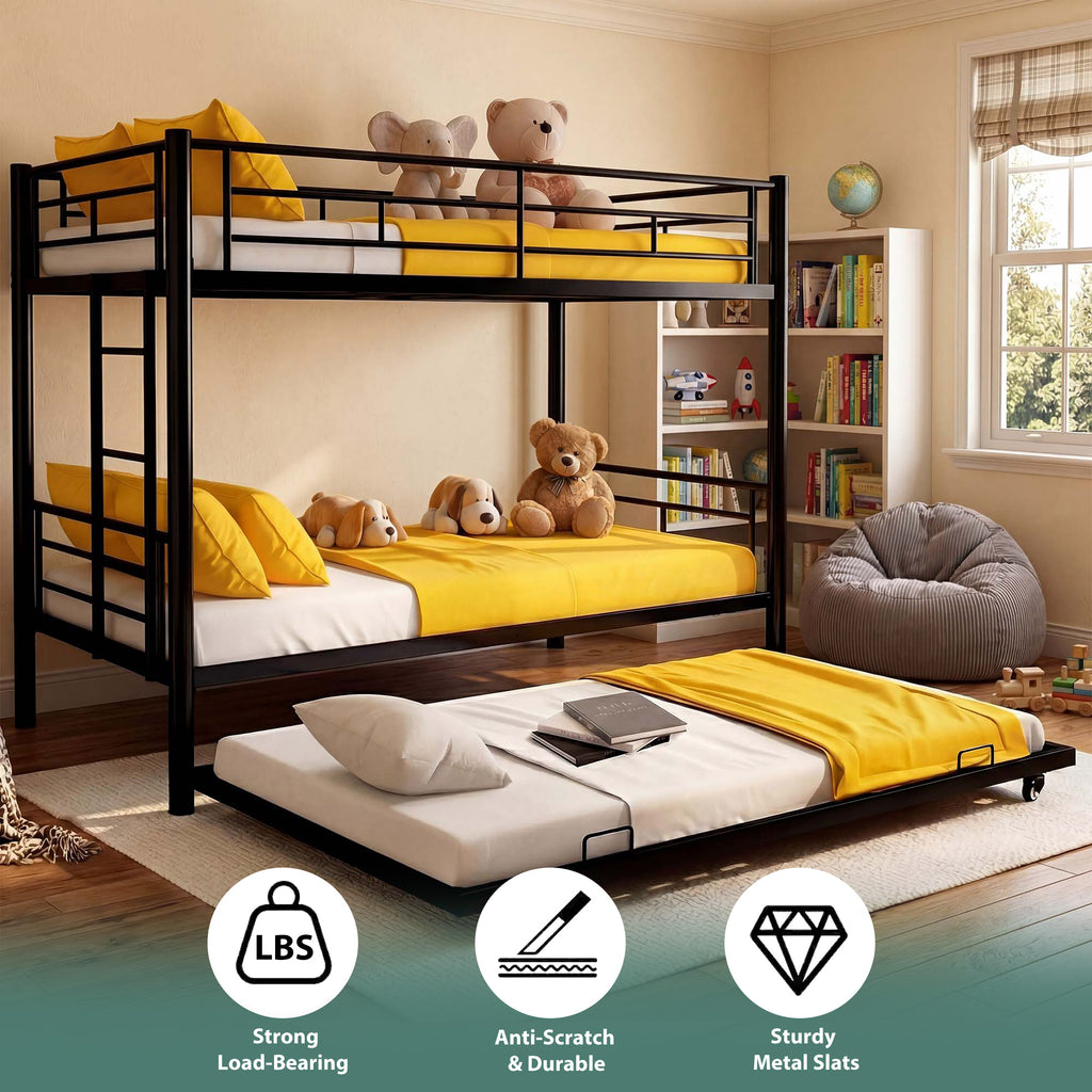 Kdymod Triple Bunk Bed Twin over Twin with Trundle, Convertible Metal Bunk Bed Frame with Ladder & Safety Guardrail, Space-Saving for Teens and Adults, Bedroom Dorm, Black