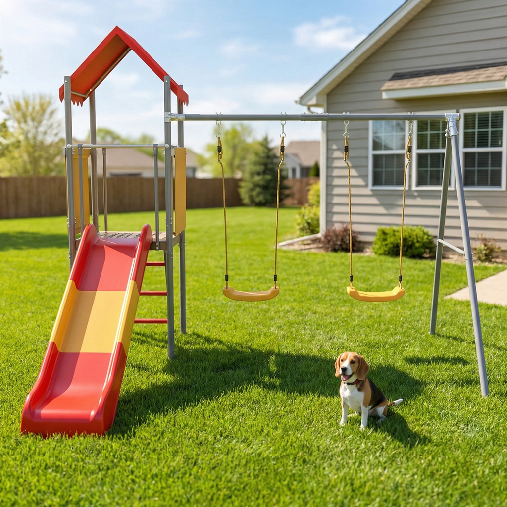 Mersco Metal Treehouse Swing Set with Slide,Heavy Duty Swing A-Frame Stand with 2 Belt Swings,Treehouse Slide with UV Resistant Canopy and Ladder,Outdoor Playset Slide Swing Set for Backyard