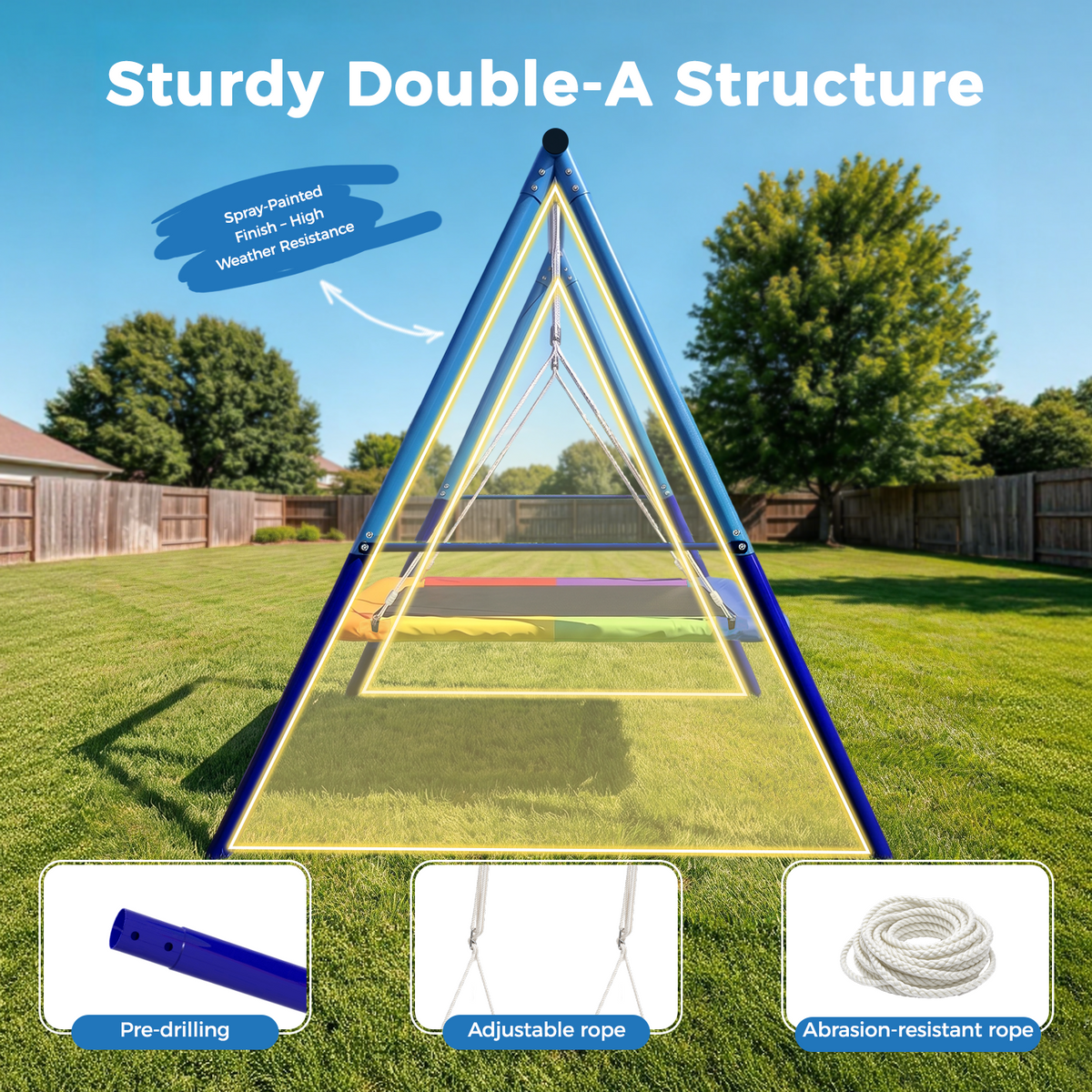 Kdymod 60 Inch Rectangular Platform Swing Set, PP + 900D Oxford Cushion, Metal A-Frame Swing for Backyard, 440 Lbs Capacity, Adjustable Ropes & Ground Nails, Blue