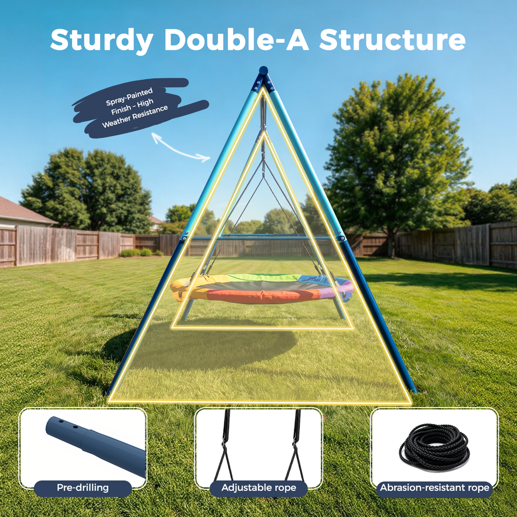 Kdymod 60 Inch Saucer Swing Set with 900D Oxford Disc Seat, Double A‑Frame Heavy Duty Metal Swing Set, Backyard Outdoor Playground for Kids Ages 3‑10, Blue