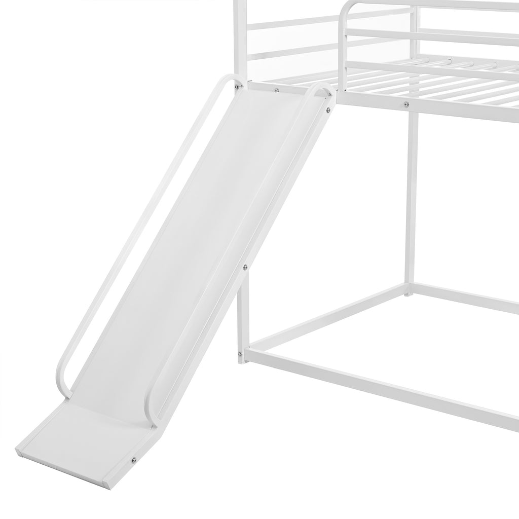 Uiowio Twin over Twin Bunk Bed with Stairs, Floor Bunk Bed Frame with Convertible Slide, Heavy Duty Metal Low Bed with House Shape and Roof, White