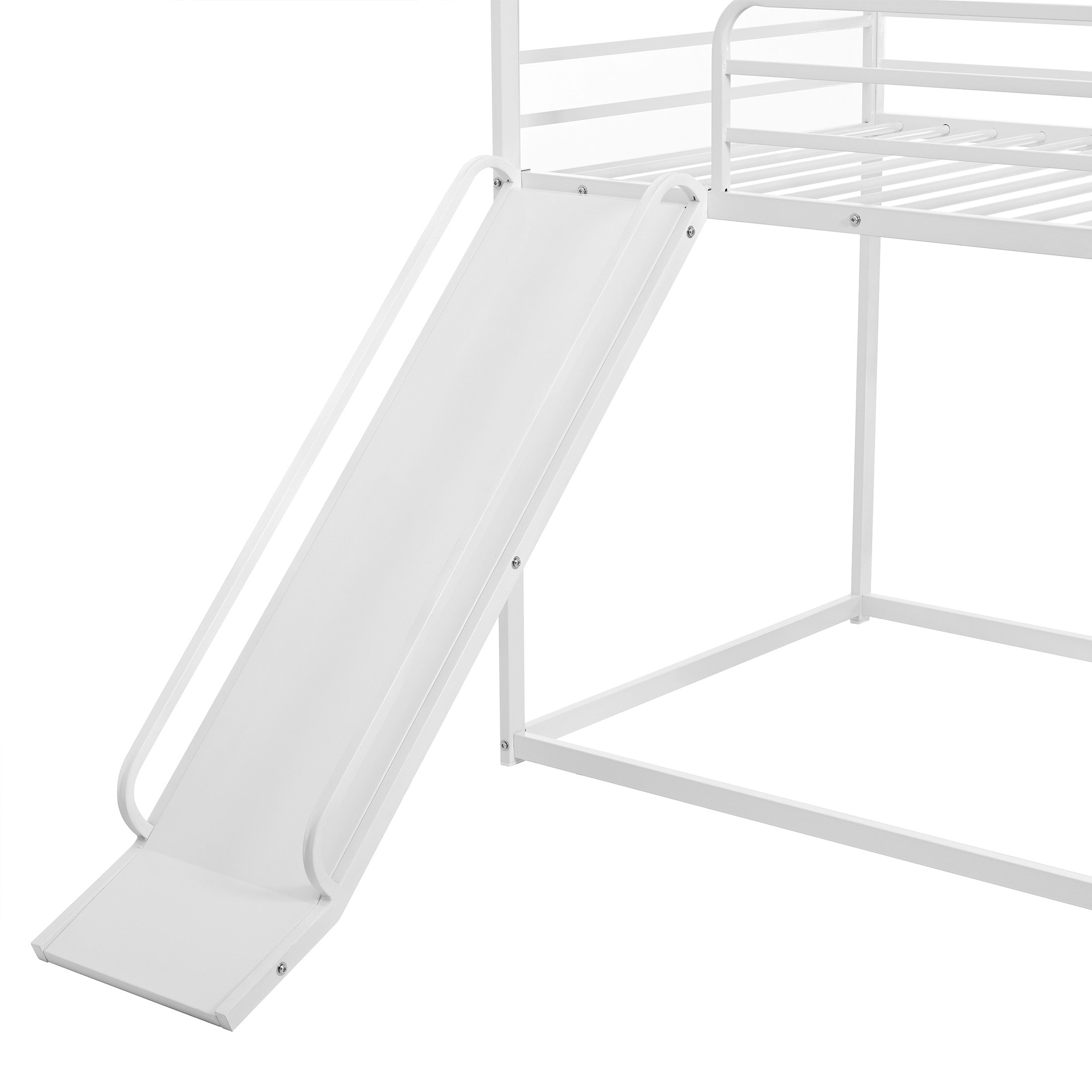 Uiowio Twin over Twin Bunk Bed with Stairs, Floor Bunk Bed Frame with Convertible Slide, Heavy Duty Metal Low Bed with House Shape and Roof, White