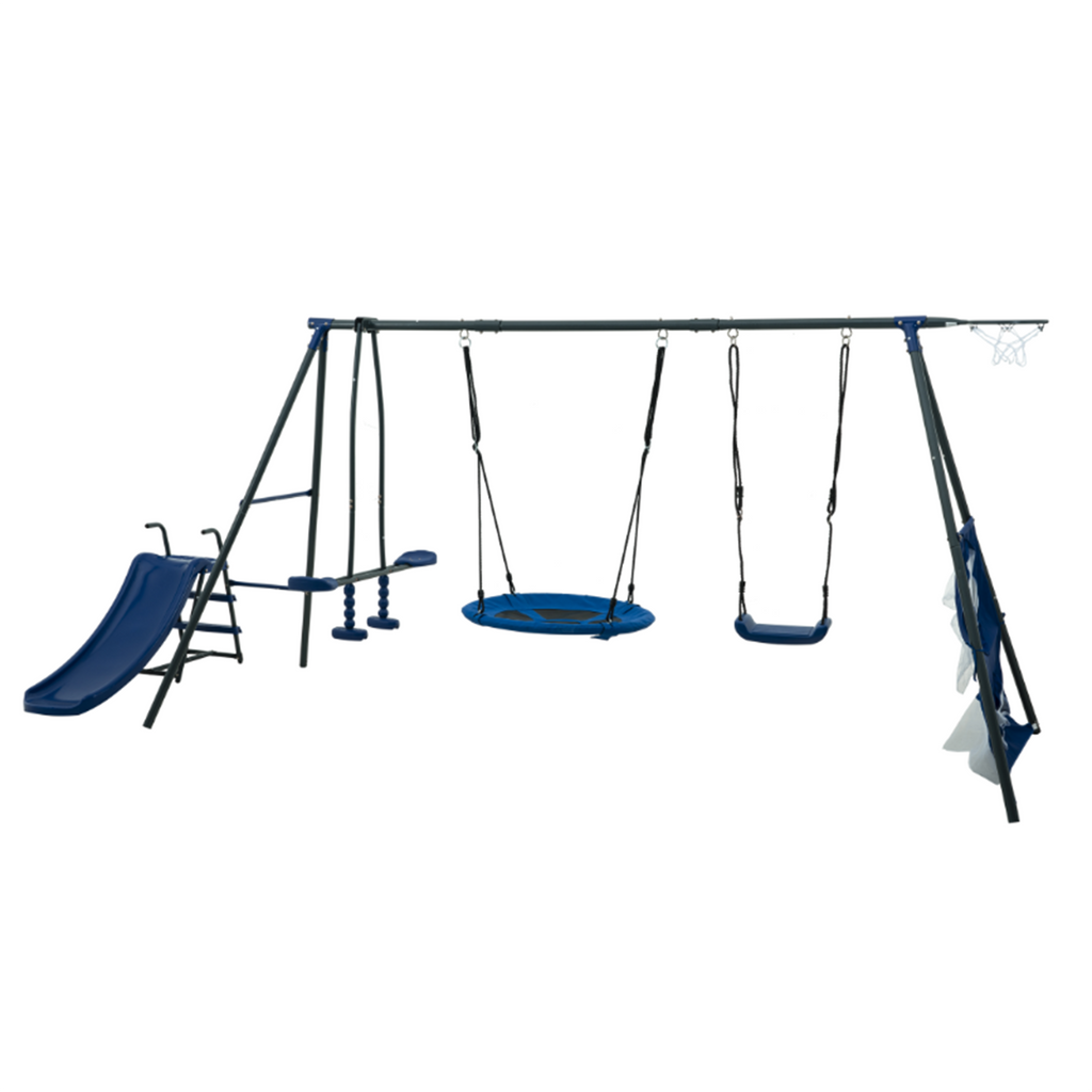 Mersco Saucer Metal Plastic Swing Set for Kids,6 in 1 Swing Sets for Outside,Heavy-Duty Playground Backyard Fun Set with Basketball Hoop,Saucer Swing,Rocking Horse,slide,soccer net &Swing for Kids