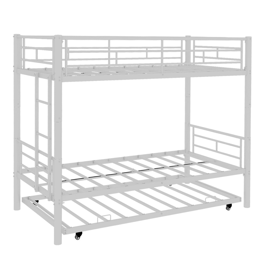 Kdymod Triple Bunk Bed Twin over Twin with Twin Trundle, Bunk Bed with Convertible 2-in-1 Design, Metal Bunk Bed Frame with Ladder & Safety Guardrail, Space-Saving for Teens and Adults, White