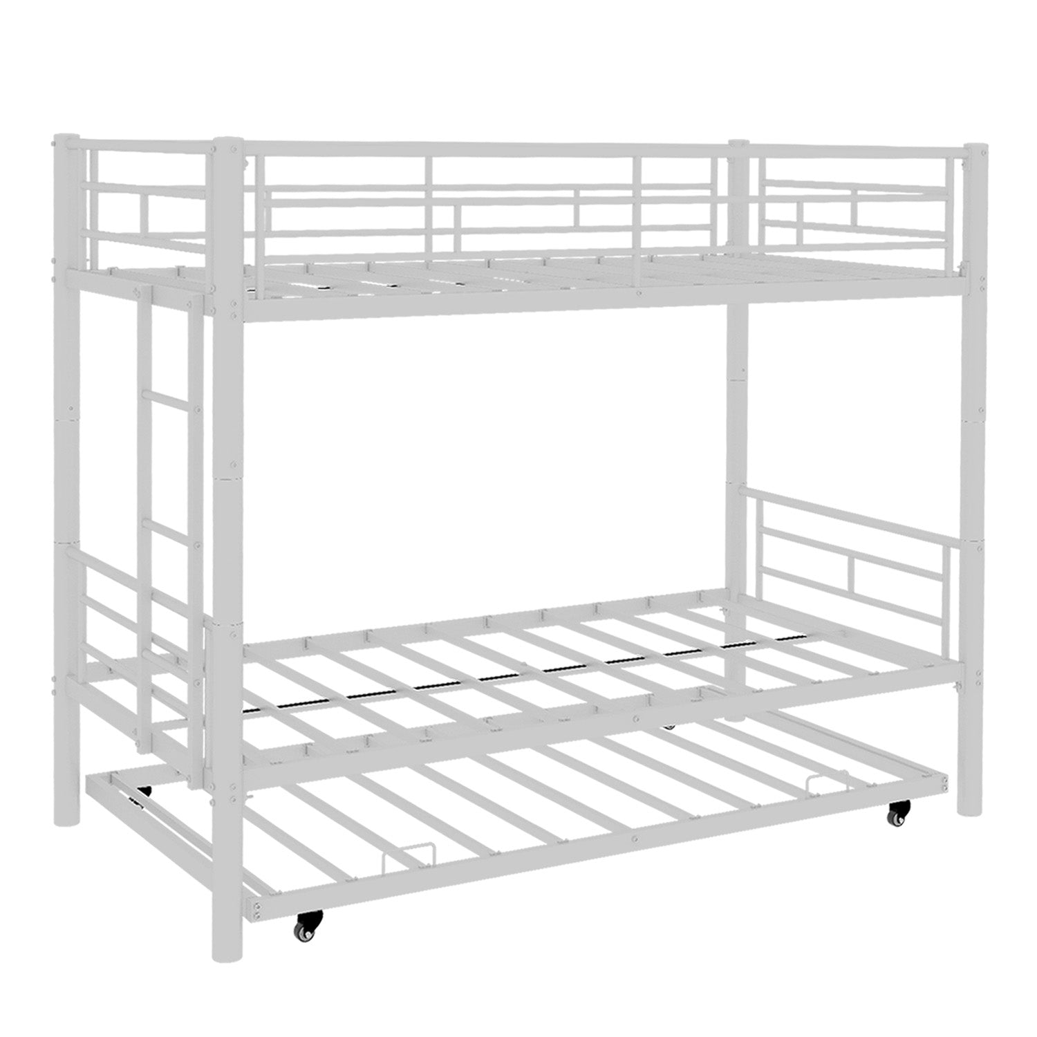 Kdymod Triple Bunk Bed Twin over Twin with Twin Trundle, Bunk Bed with Convertible 2-in-1 Design, Metal Bunk Bed Frame with Ladder & Safety Guardrail, Space-Saving for Teens and Adults, White