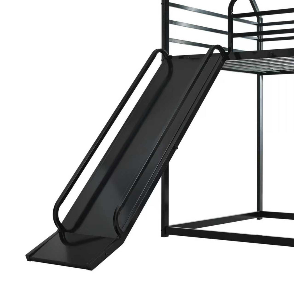 Uiowio Twin over Twin Bunk Bed with Stairs, Floor Bunk Bed Frame with Convertible Slide, Heavy Duty Metal Low Bed with House Shape and Roof, Black