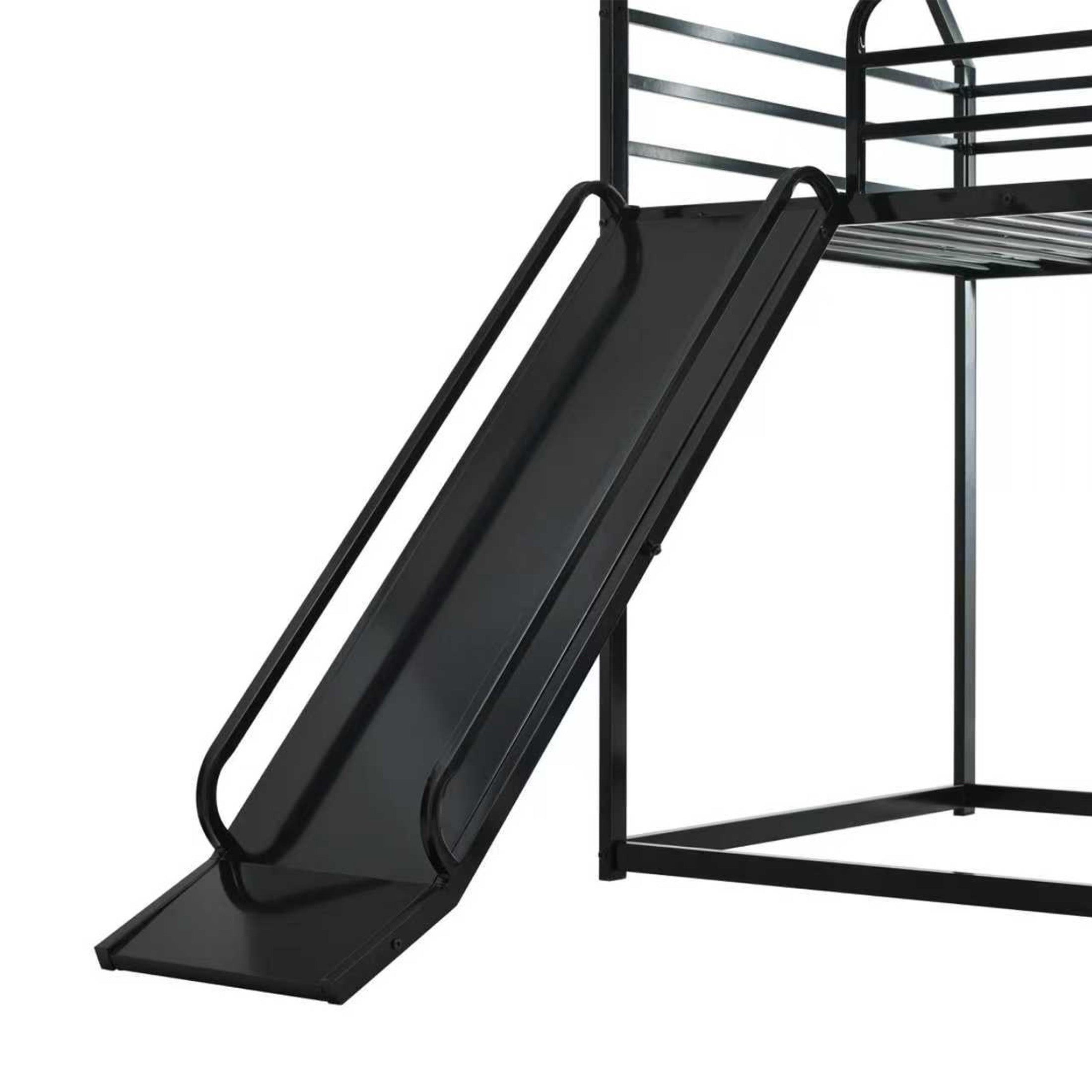 Uiowio Twin over Twin Bunk Bed with Stairs, Floor Bunk Bed Frame with Convertible Slide, Heavy Duty Metal Low Bed with House Shape and Roof, Black