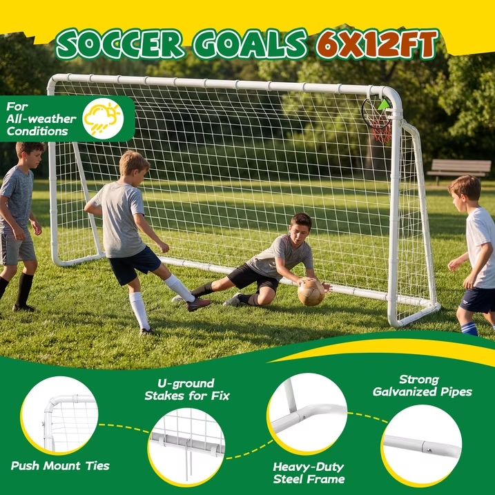Kdymod 12×6 FT Soccer Goal for Backyard,Heavy-Duty Metal Soccer Net with Target Net,Outdoor Soccer Goal Soccer Equipment Set with 6 Soccer Cones & 5 Stakes for Kids and Adults ,White
