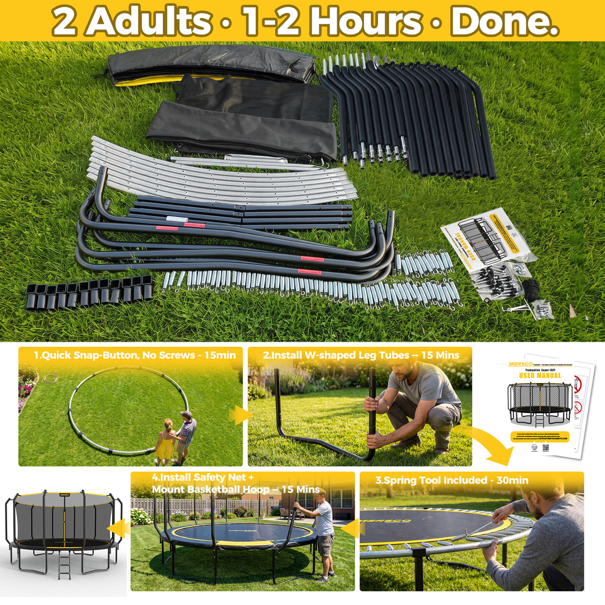 Mersco 16FT Kids Trampoline, Heavy Duty Outdoor Trampoline with Safety Enclosure Net and Upgraded Ladder for Backyard Family Fun, Jumping Trampoline SUPER