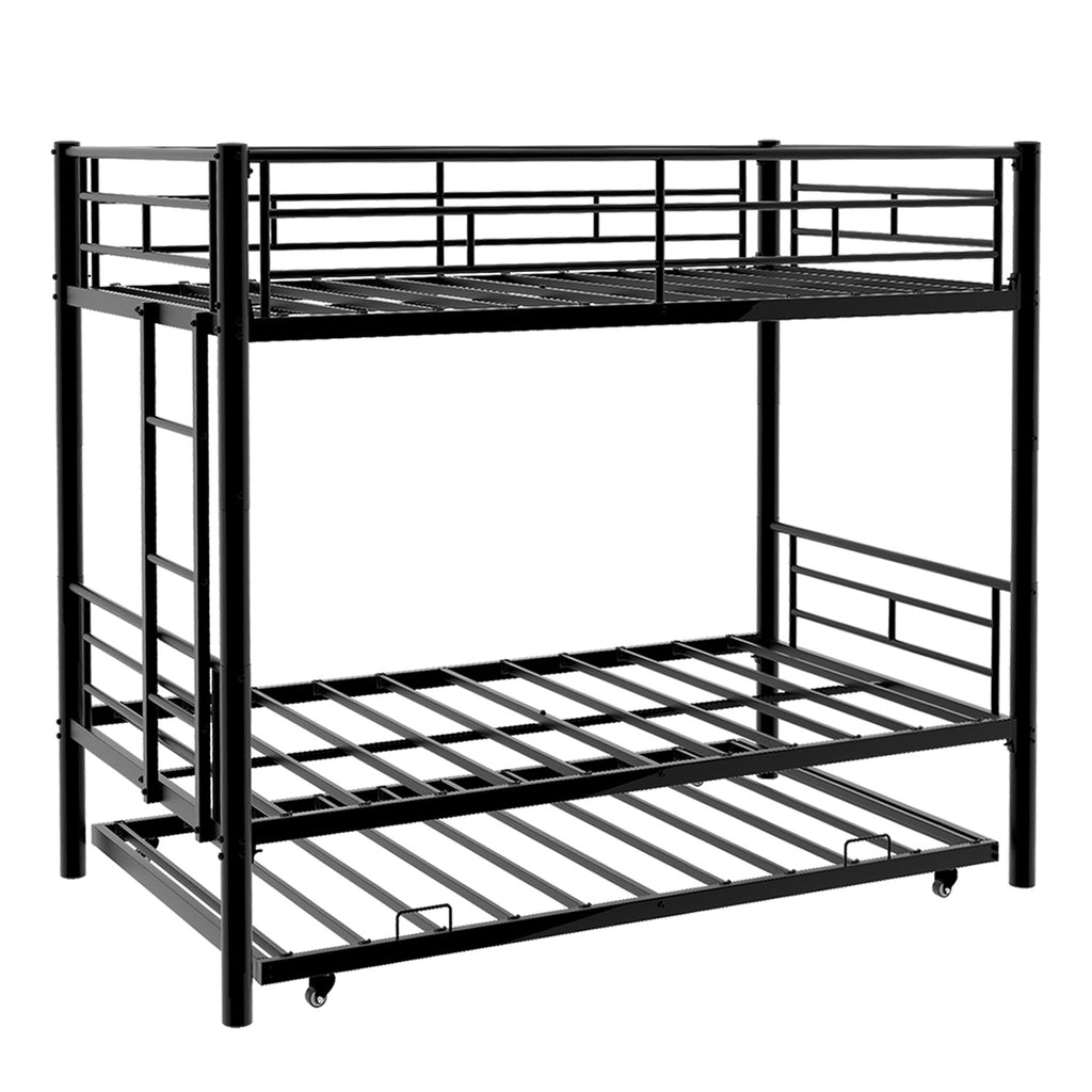 Kdymod Triple Bunk Bed Twin over Twin with Twin Trundle, Bunk Bed with Convertible 2-in-1 Design, Metal Bunk Bed Frame with Ladder & Safety Guardrail, Space-Saving for Teens and Adults, Black