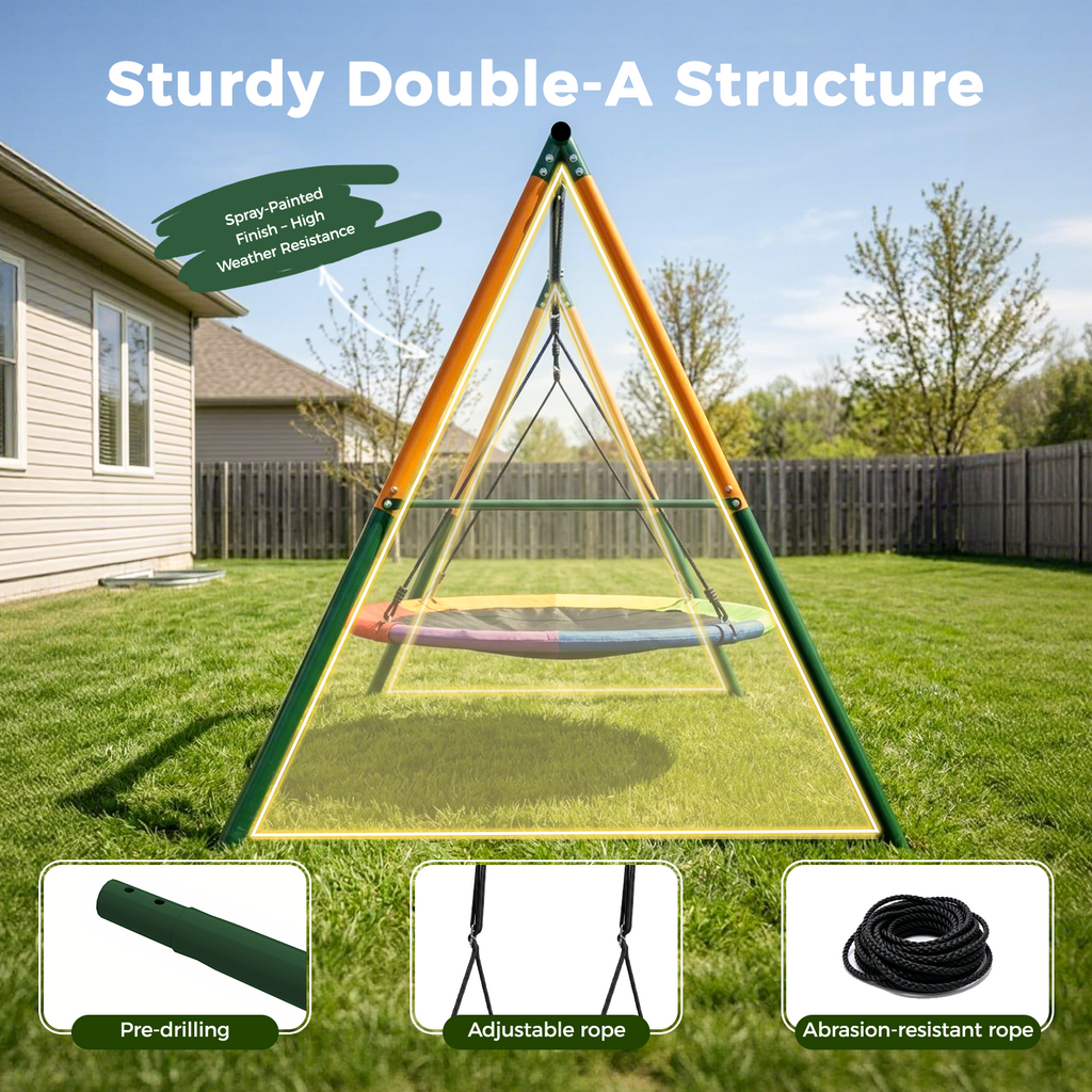 Kdymod 60 Inch Saucer Swing Set with 900D Oxford Disc Seat, Double A‑Frame Heavy Duty Metal Swing Set, Backyard Outdoor Playground for Kids Ages 3‑10, Green